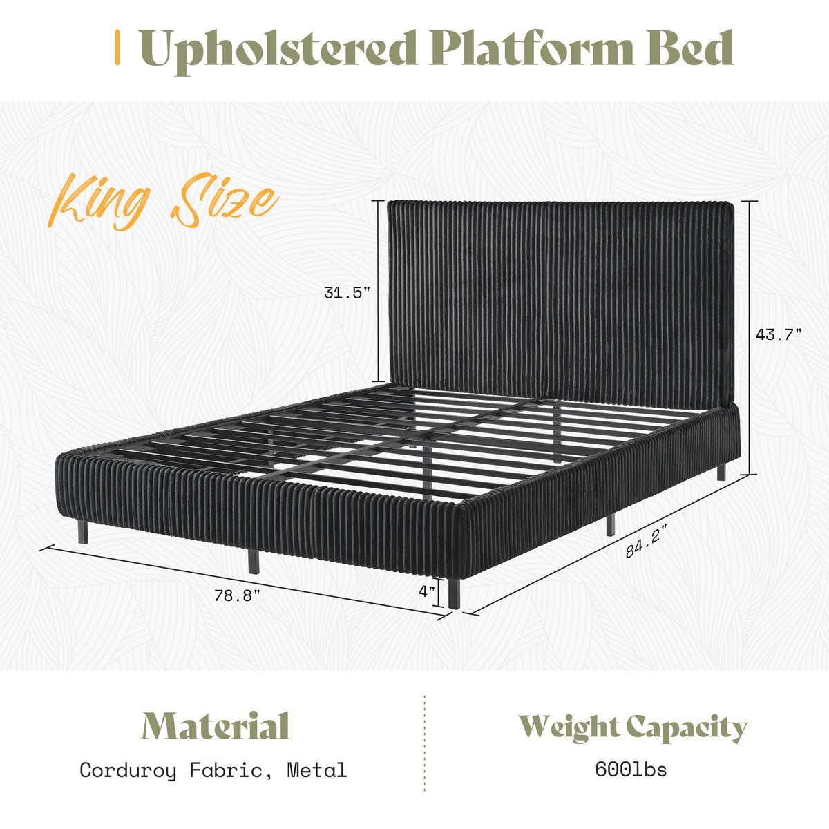Velmure Corduroy Platform Bed Frame-King-Black