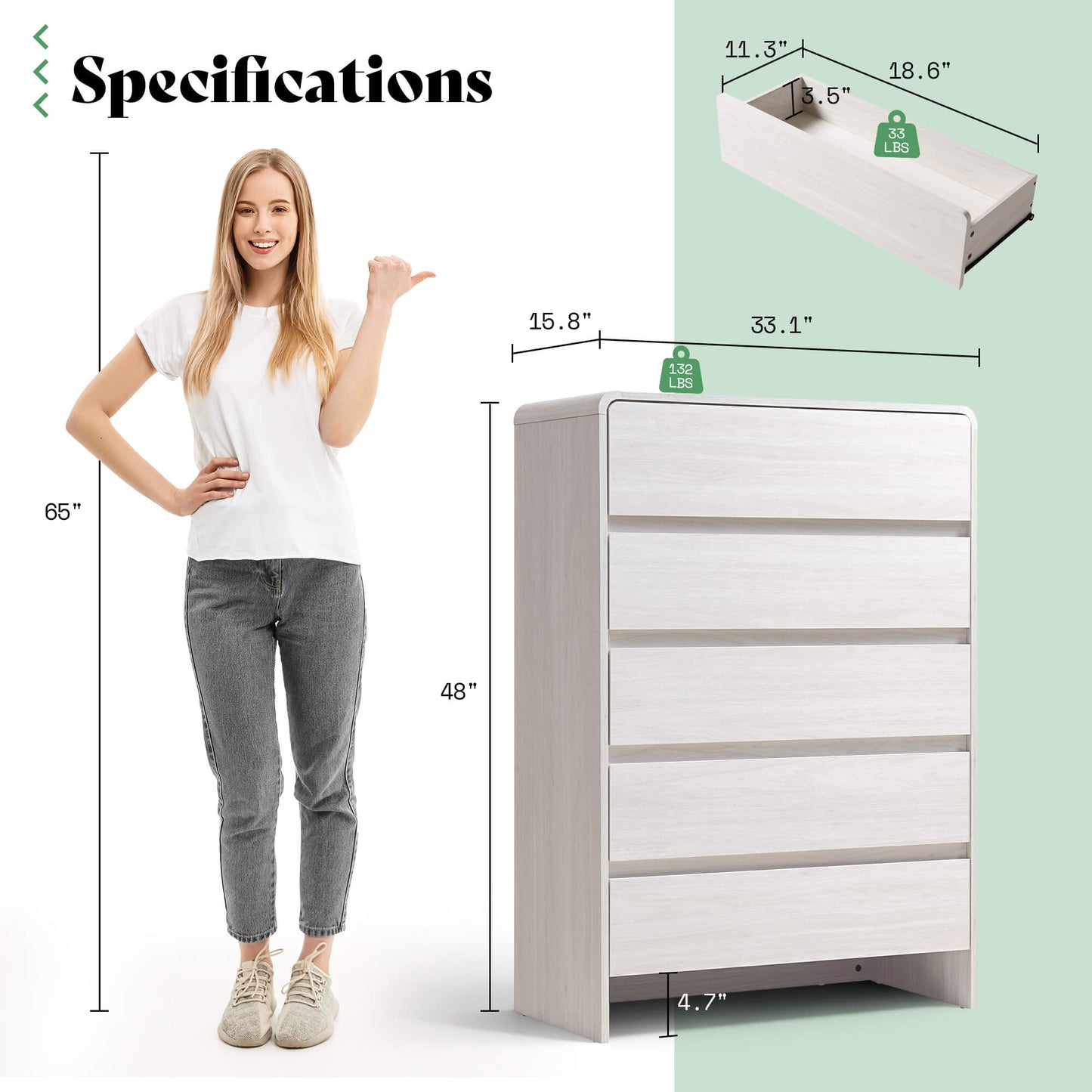 Garyon Modern 5-Drawer Storage Dresser _White