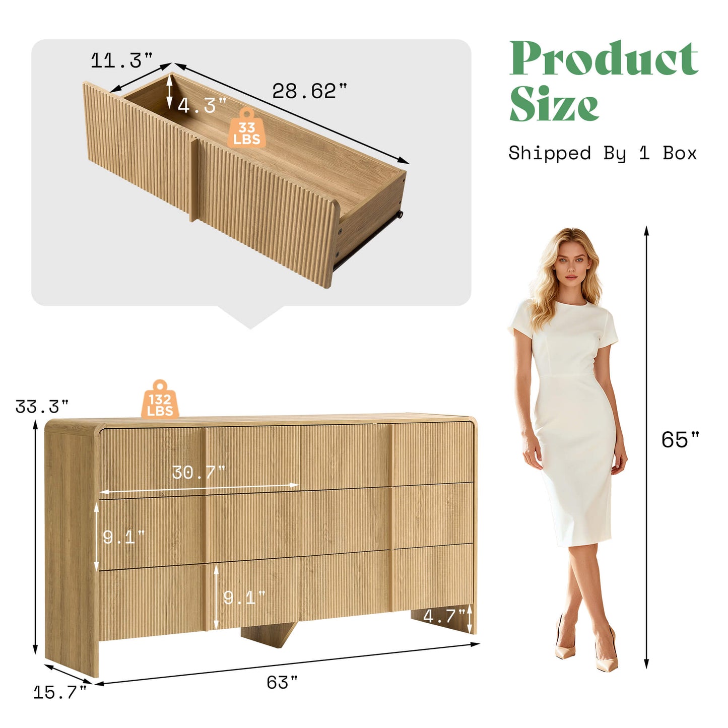 Garyon Fluted 6-Drawer Wide Dresser - Natural Oak