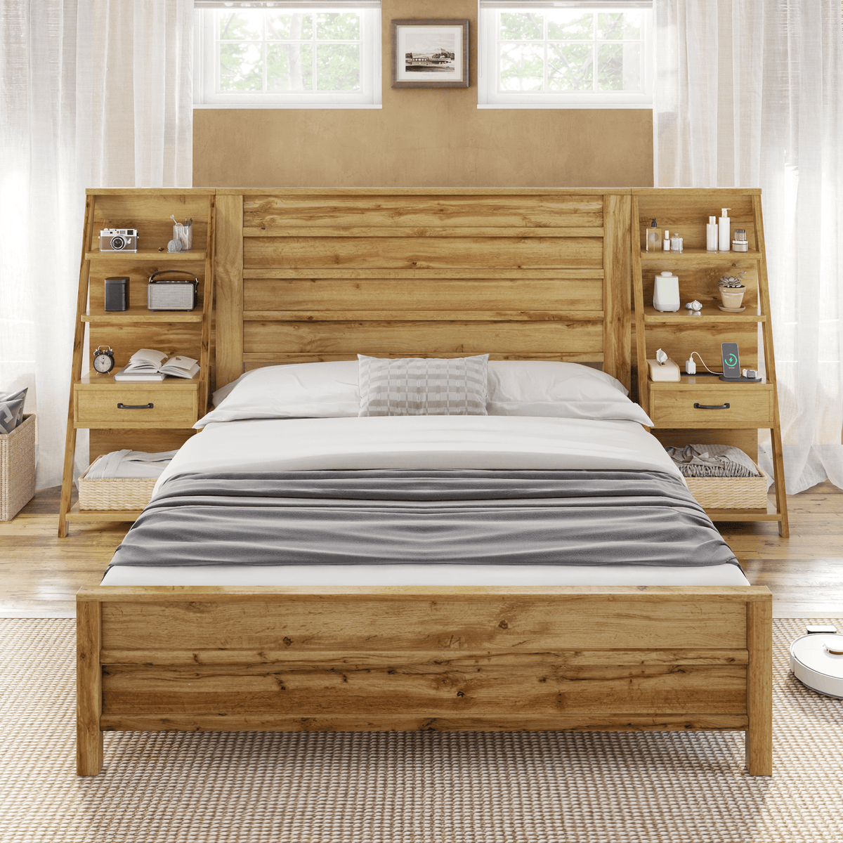 Tier Bed Frame with Bookshelves - QUEEN/BROWN