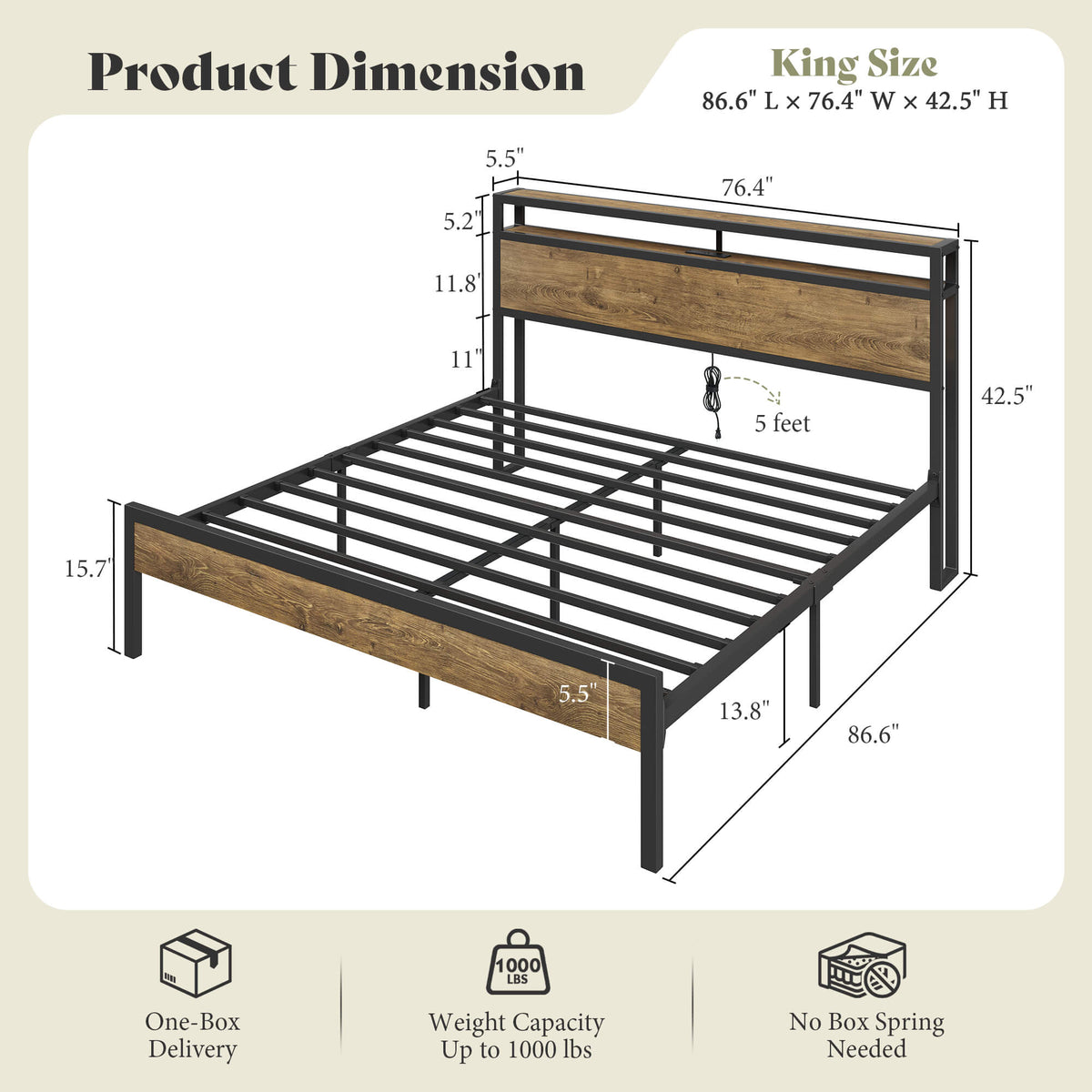 Mello Industrial Bed Frame with Storage & Charging - K-RusticBrown