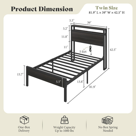 Mello Industrial Bed Frame with Storage & Charging - T-Black