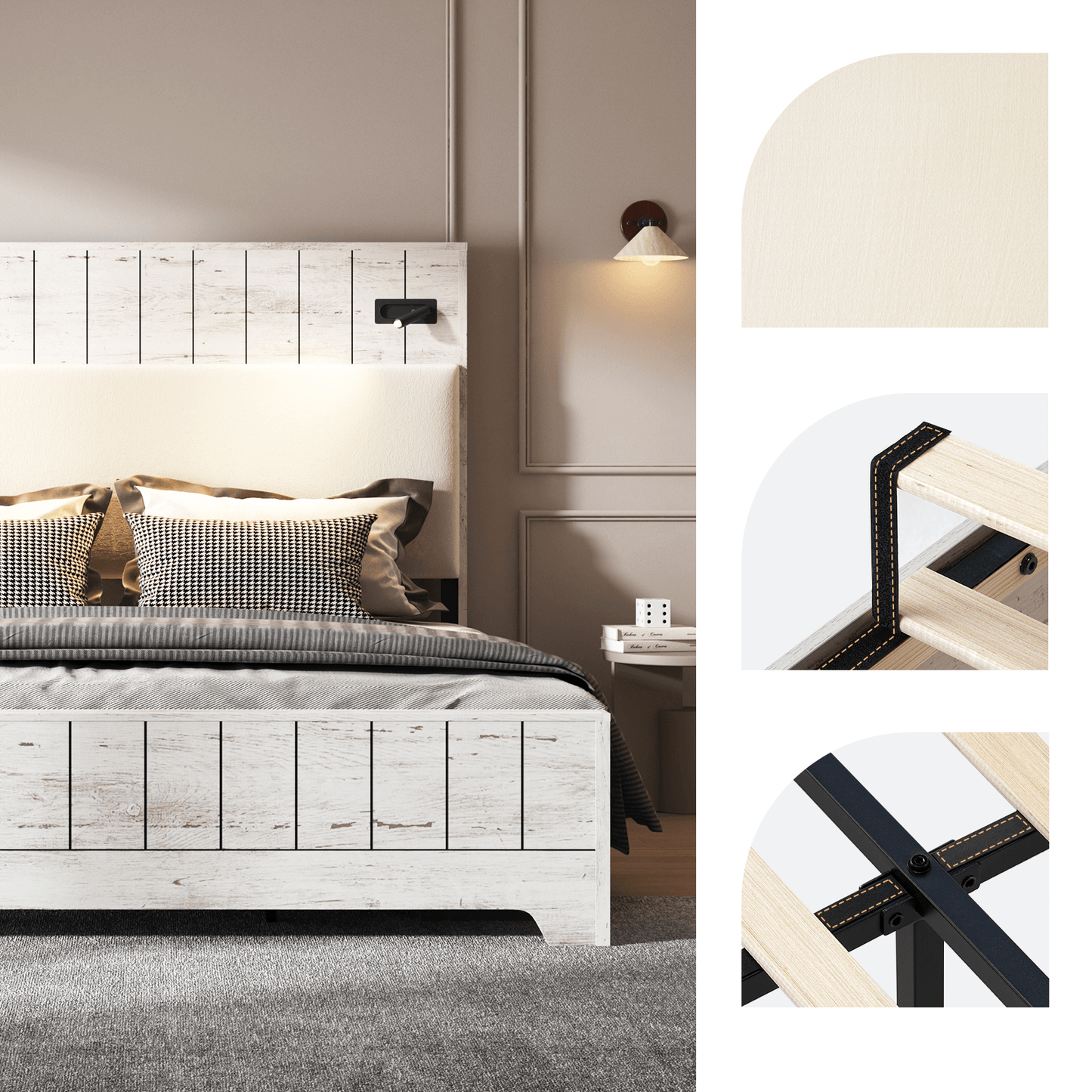 Edison Bed Frame with Reading Lights - Pale White