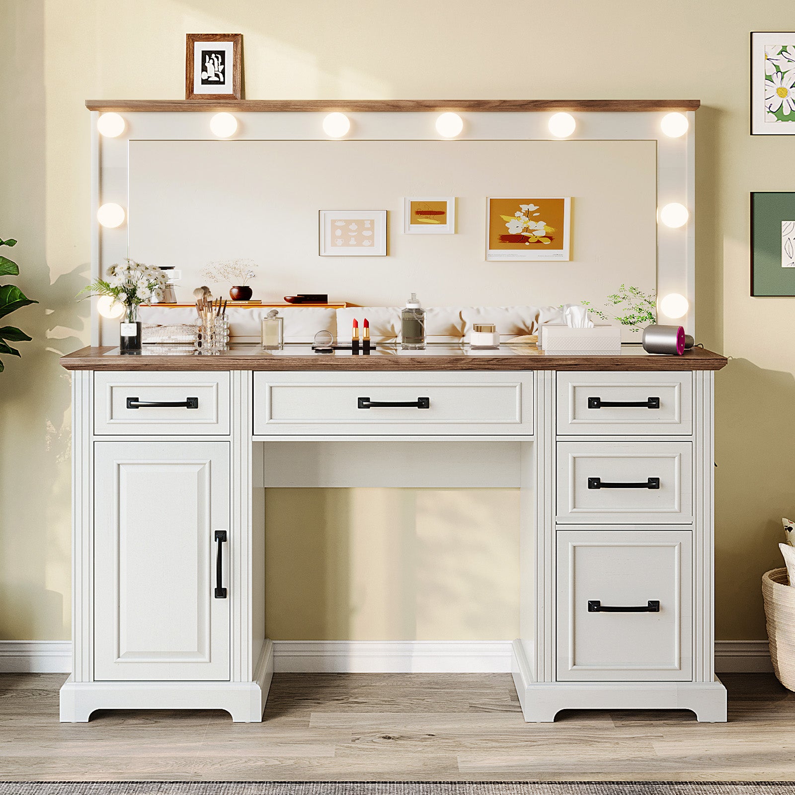 AMERLIFE Starling 55" Makeup Vanity Large Mirror Hollywood Lights Bulbs Bedroom Vanity Rustic Grey AMERLIFE Starling 55" Makeup Vanity Large Mirror Hollywood Lights Bulbs Bedroom Vanity Rustic Grey
