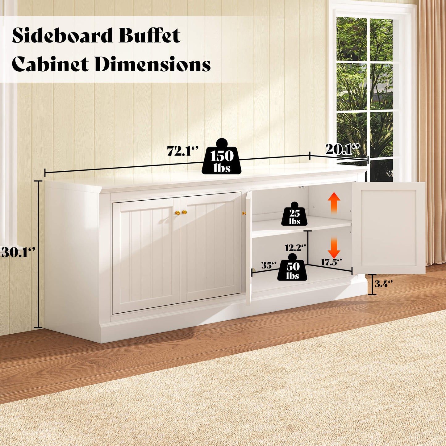 72" Sideboard Buffet Cabinet -White