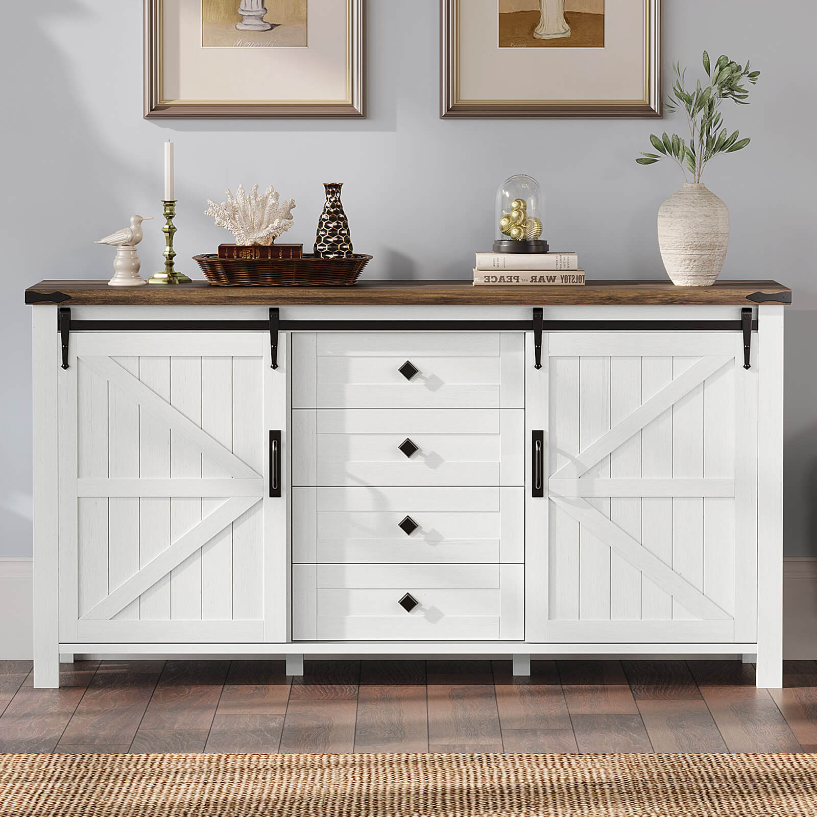 60" Farmhouse Dresser with Sliding Barn Doors, Rustic Dresser TV Stand with 4 Drawers, Dresser Storage Organizer for Bedroom, Entryway, Rustic Grey 60" Farmhouse Dresser with Sliding Barn Doors, Rustic Dresser TV Stand with 4 Drawers, Dresser Storage Organizer for Bedroom, Entryway, Rustic Grey