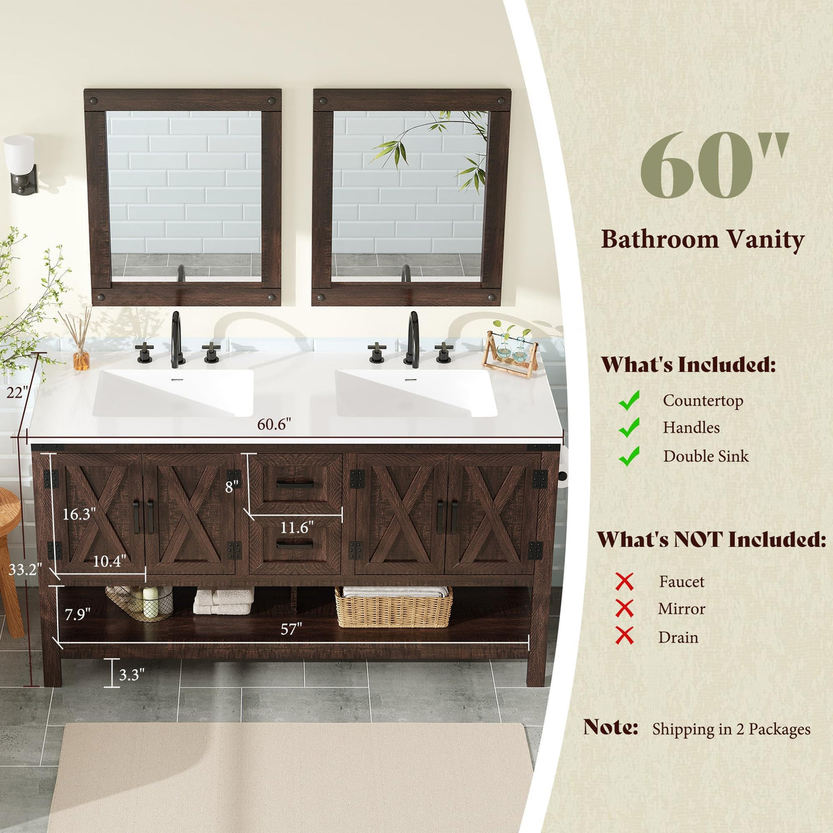 Calverton Farmhouse Vanity with Integrated Sink Amerlife Rustic Brown 60”