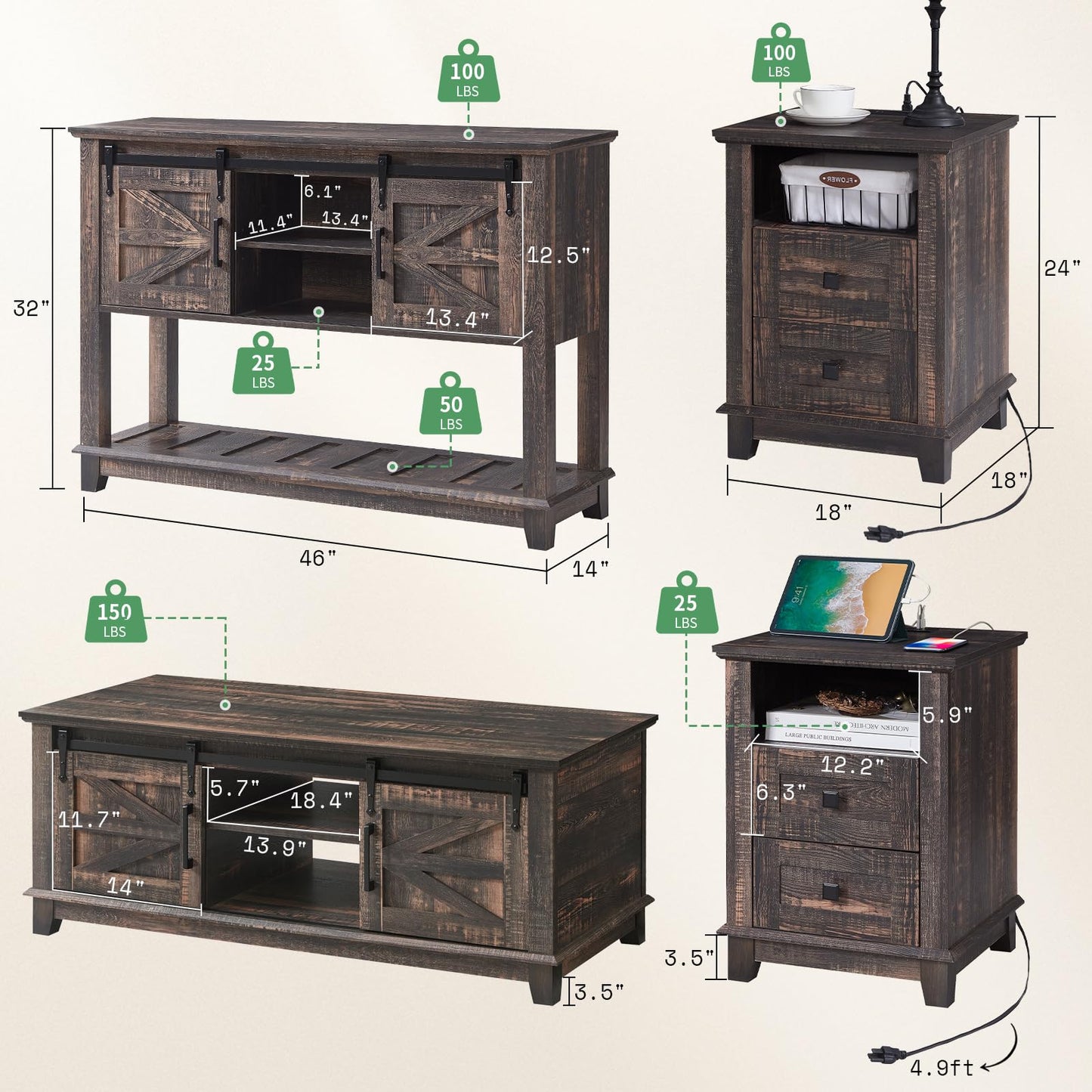 Twain Farmhouse Living Set Amerlife Black Oak / 48”