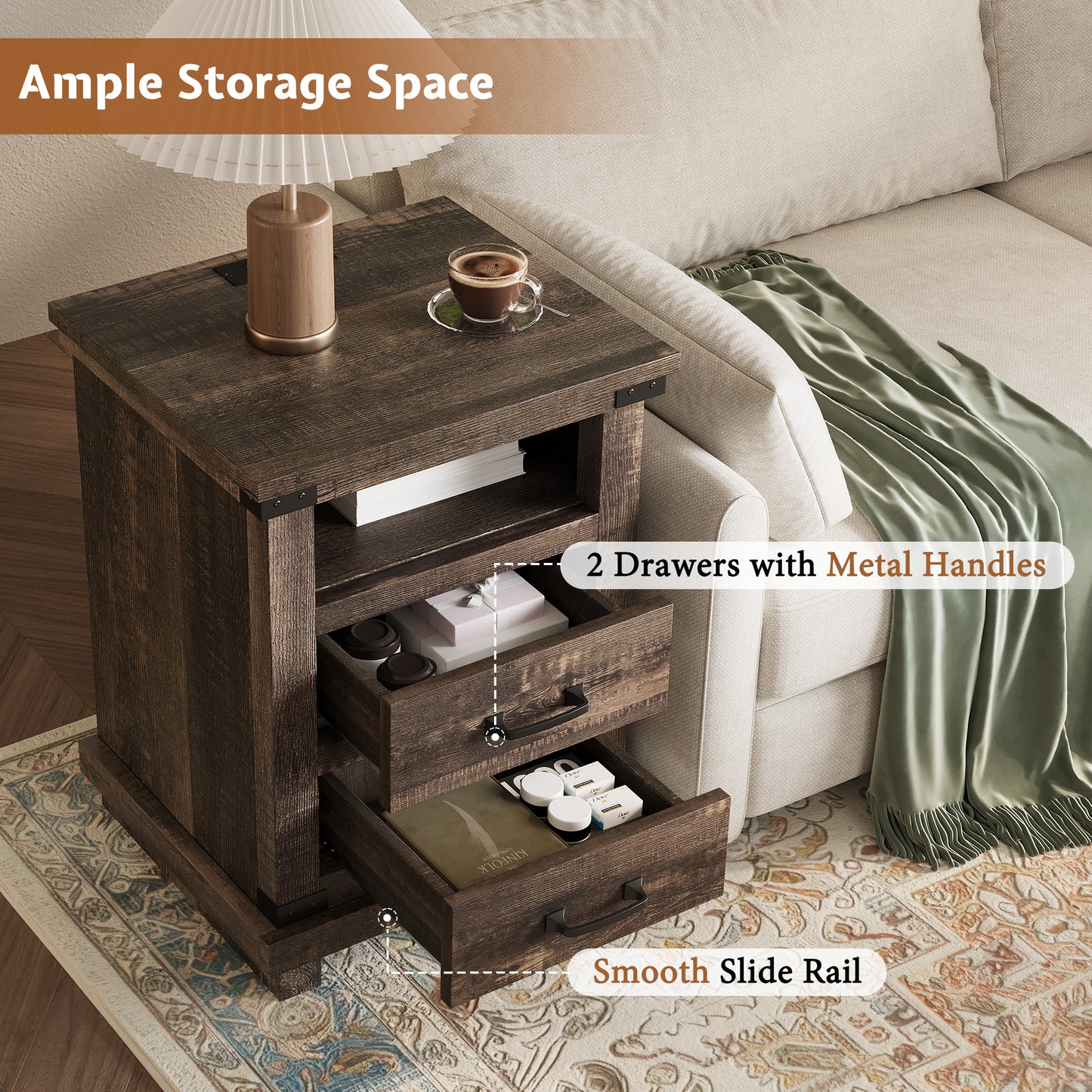 Lume Farmhouse Charging Nightstand Set Black Oak