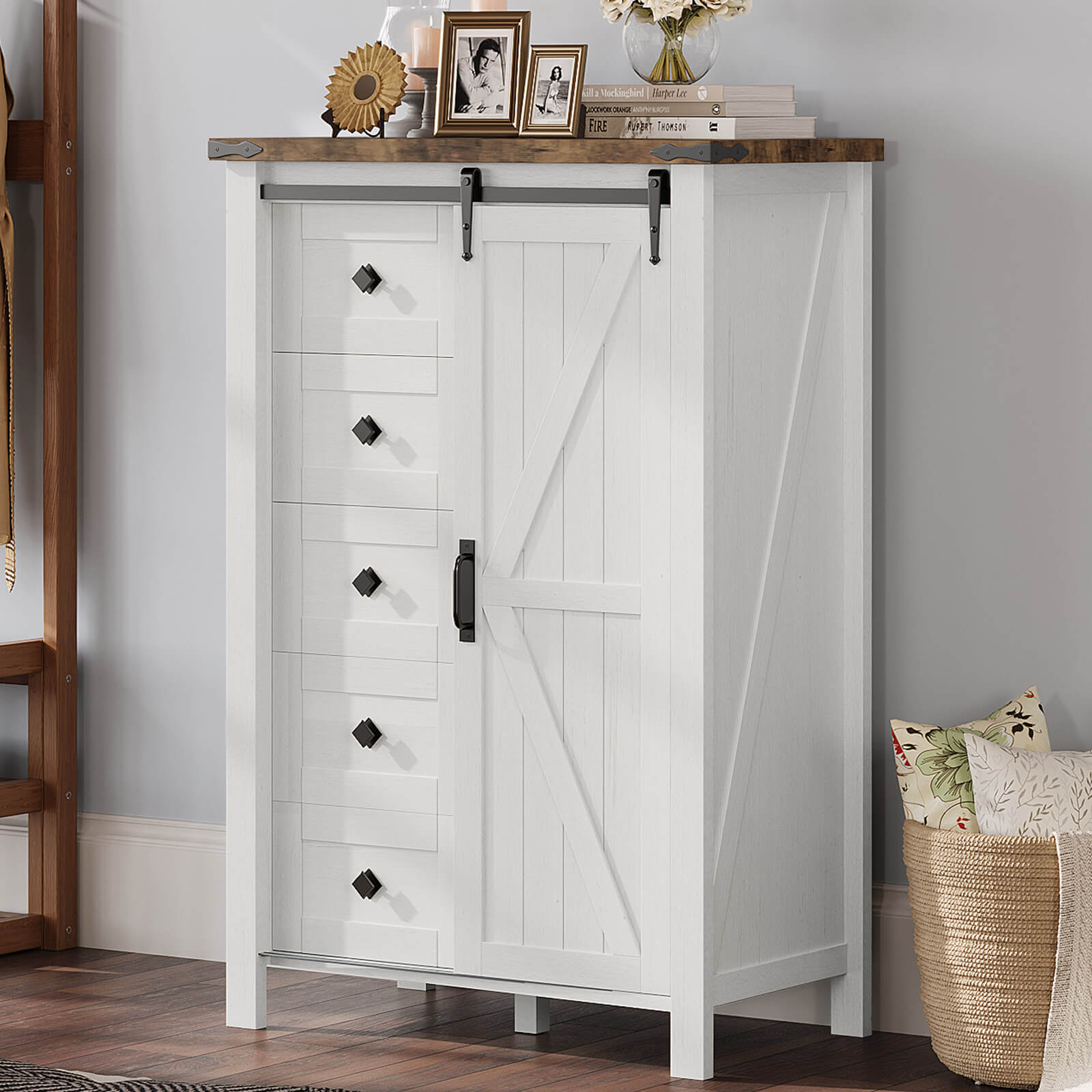 31.5'' Farmhouse 5 Drawer Dresser with Sliding Barn Doors, 48" Rustic Tall Dresser, Dresser Storage Organizer for Bedroom, Entryway, Oak Black 31.5'' Farmhouse 5 Drawer Dresser with Sliding Barn Doors, 48" Rustic Tall Dresser, Dresser Storage Organizer for Bedroom, Entryway, Oak Black