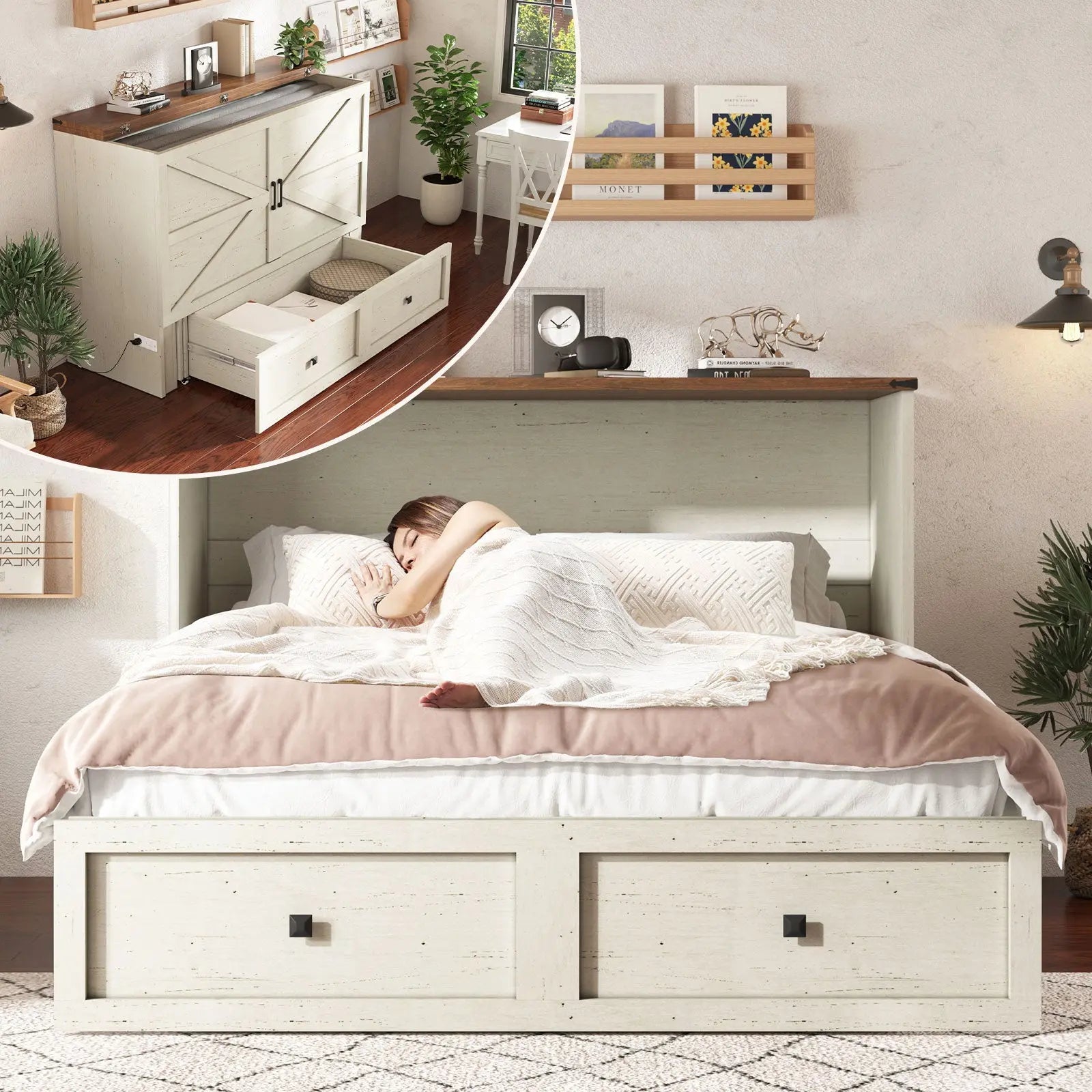 Amerlife Colton Foldable Murphy Bed Farmhouse Murphy Cabinet with Foldable Panel Full / Rustic White Amerlife Colton Foldable Murphy Bed Farmhouse Murphy Cabinet with Foldable Panel Full / Rustic White