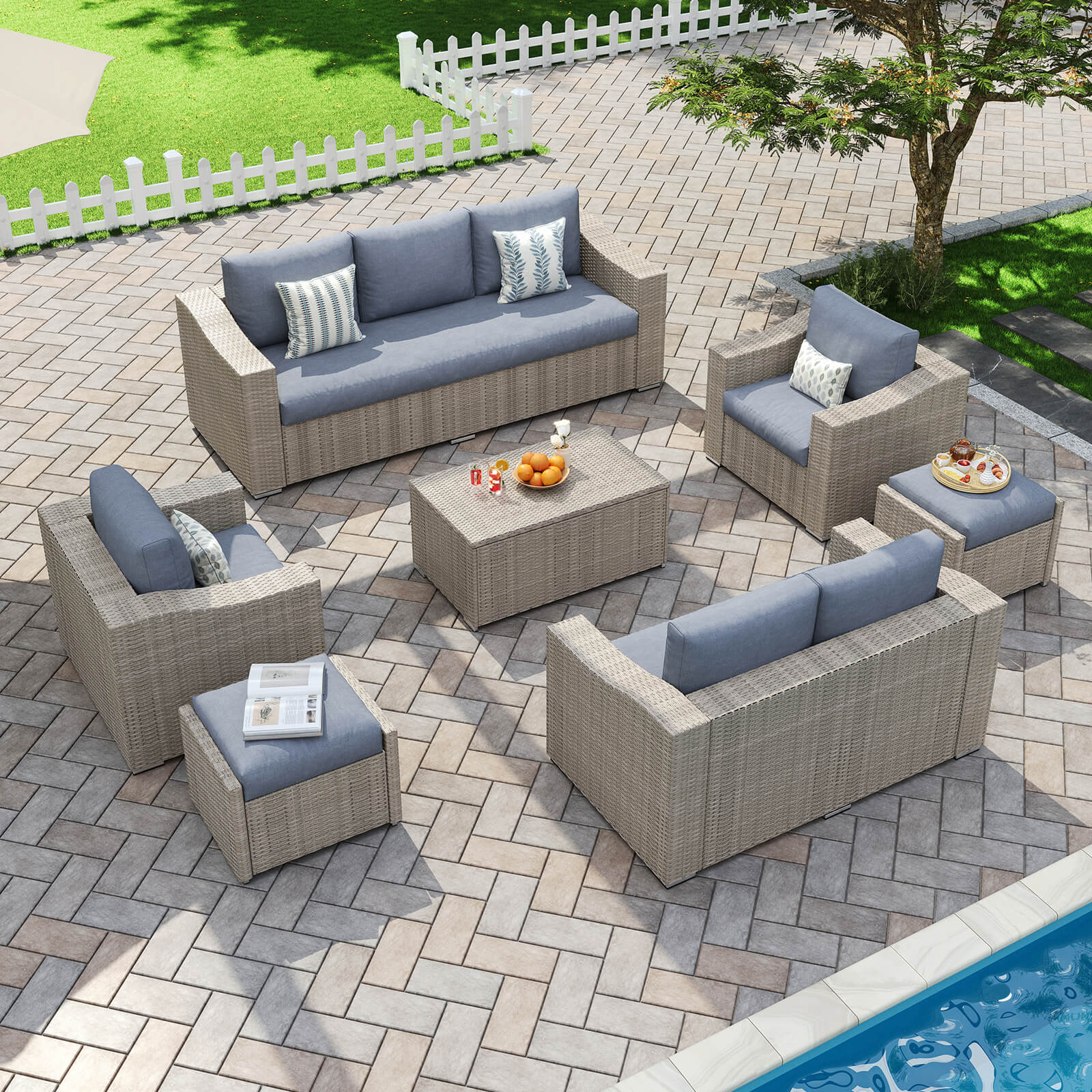 7 Pieces Patio Sectional Furniture Set, Aluminum Frame Outdoor Conversation Set with 6 Thick Cushions & Coffee Table, Beige 7 Pieces Patio Sectional Furniture Set, Aluminum Frame Outdoor Conversation Set with 6 Thick Cushions & Coffee Table, Beige