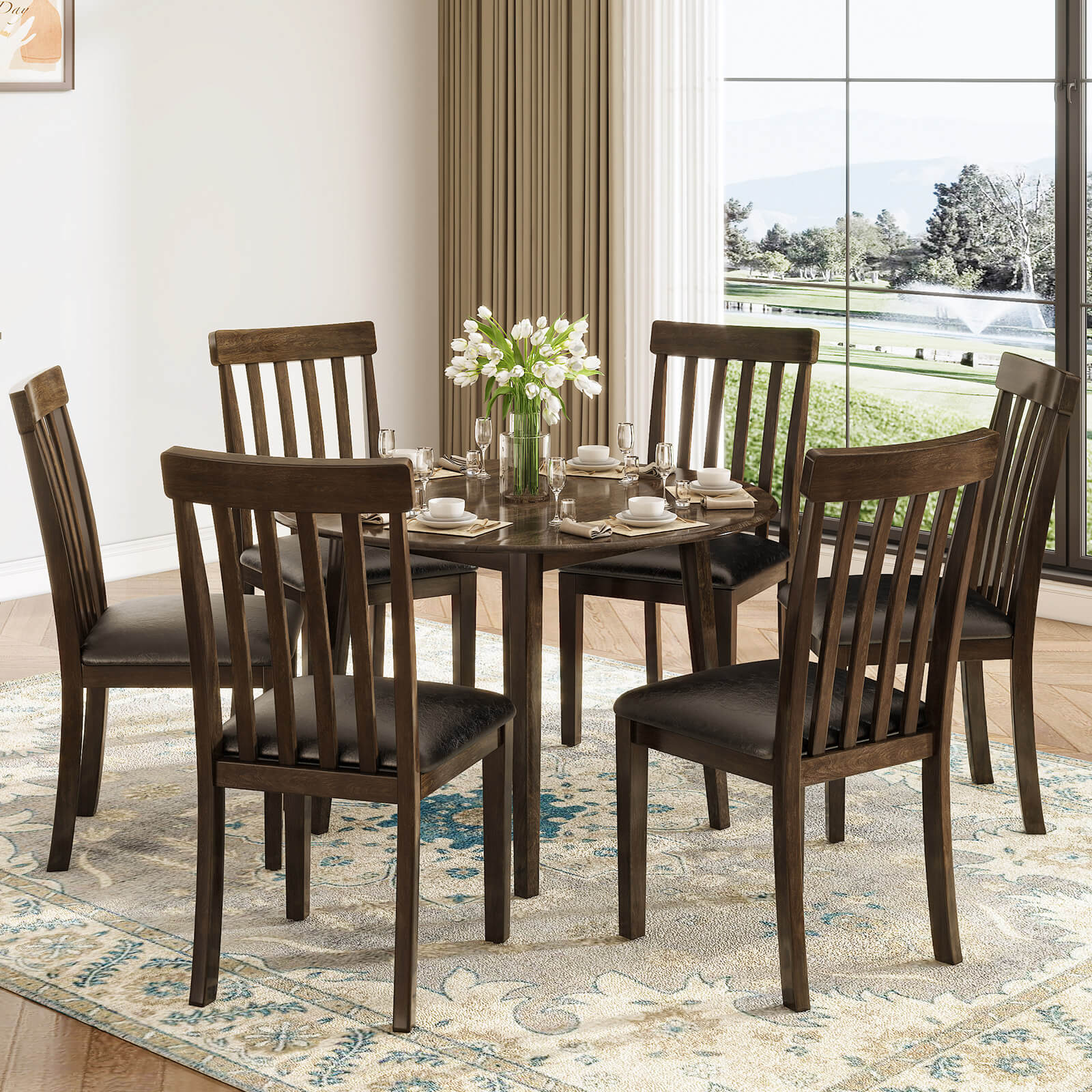 Amerlife Foldem 7-Piece Solid Wood Dining Table Set Round