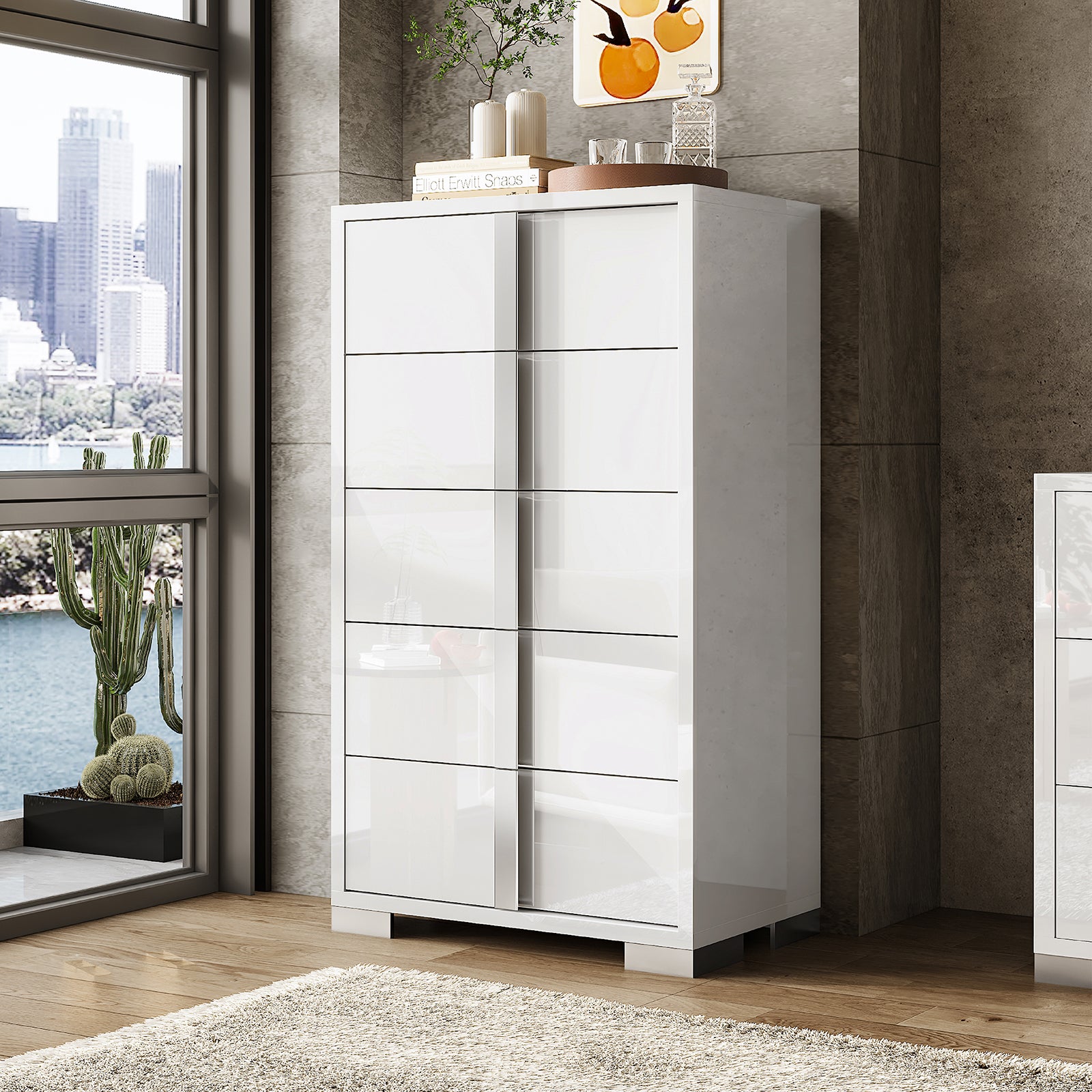 Amerlife Lena 5-Drawers Dresser 50.2" H Glossy Surface Chest Large Storage Organizer White Amerlife Lena 5-Drawers Dresser 50.2" H Glossy Surface Chest Large Storage Organizer White
