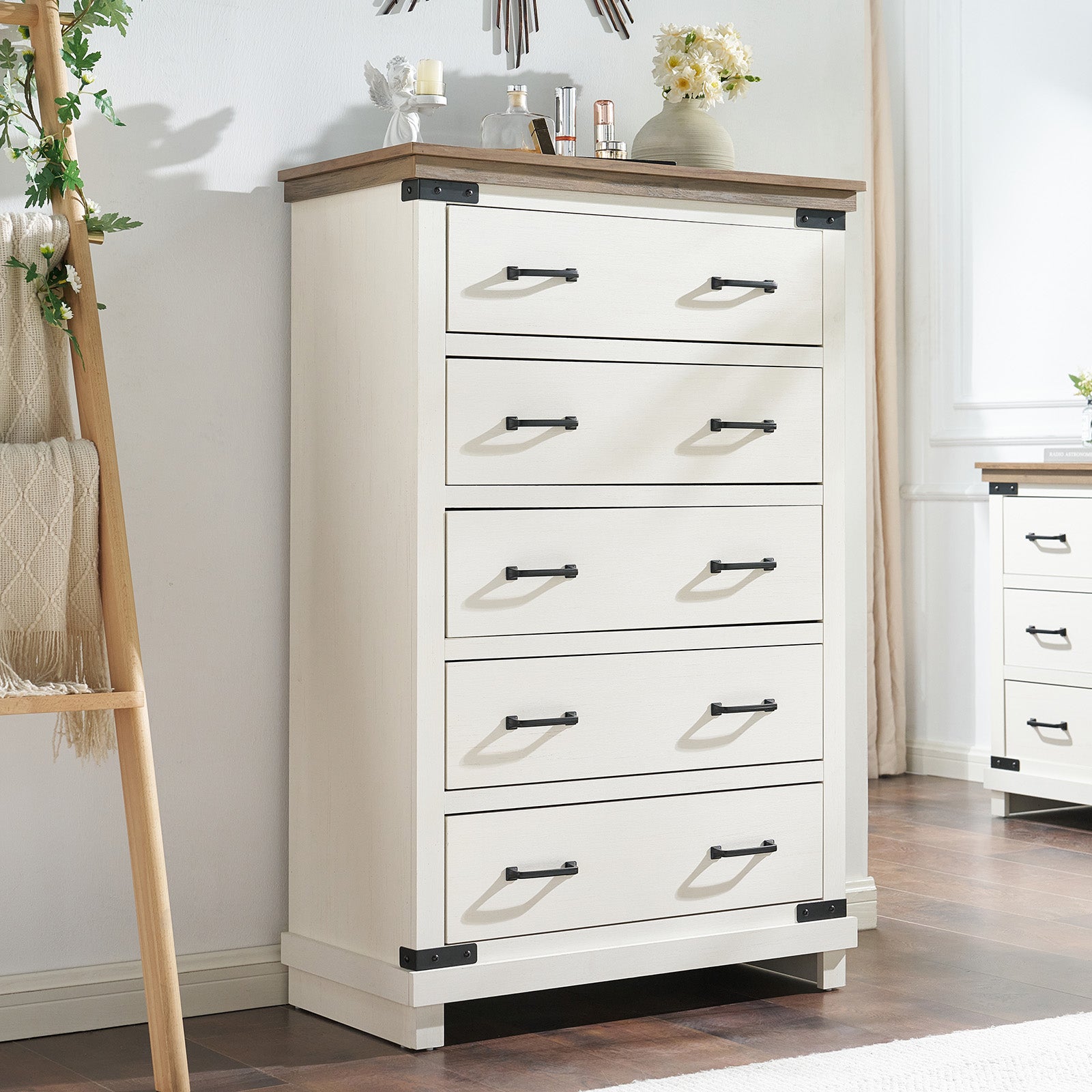 five drawer bedroom dresser 48" Tall Farmhouse 5 Wood Dresser, Chest of Drawers for The dresser has clean and smooth lines Taylor 5-Drawer Faux Wood Dresser