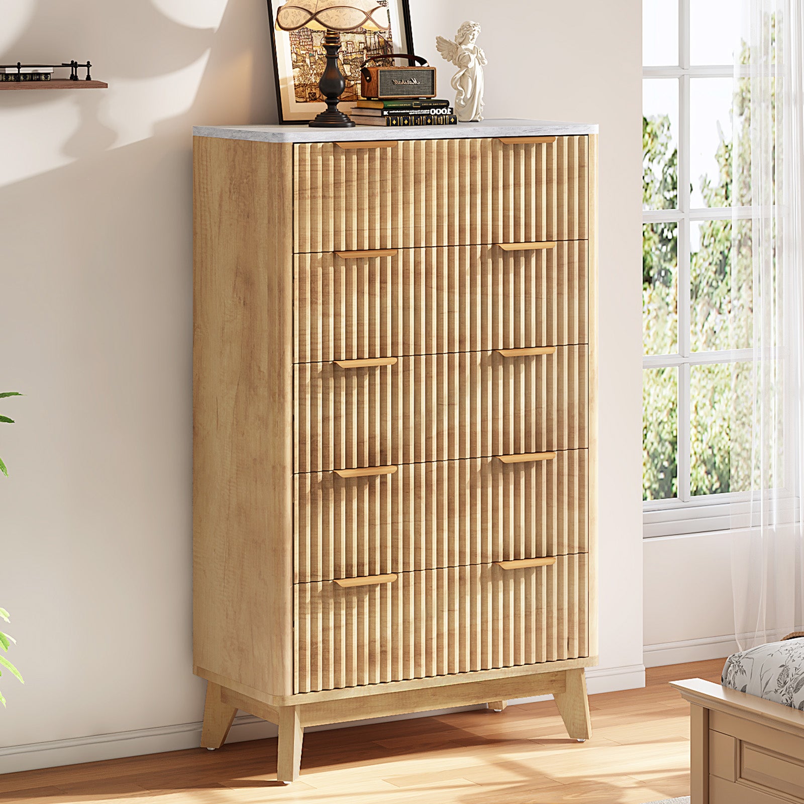 Amerlife Cropredy 5-Drawers Fluted Dresser 48" Tall Modern Chest Faux Marble Top ood Dresser Natural Oak Amerlife Cropredy 5-Drawers Fluted Dresser 48" Tall Modern Chest Faux Marble Top ood Dresser Natural Oak
