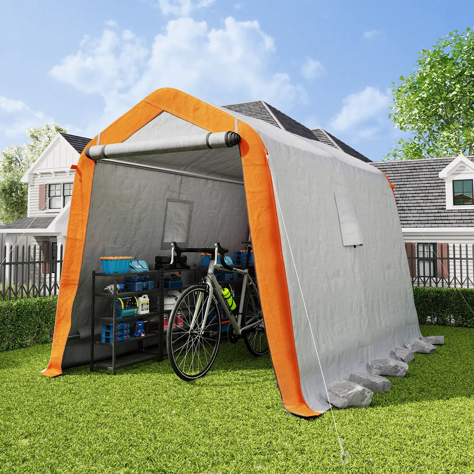 storage tent shed Heavy Duty Portable Shed Storage Shelter, Outdoor Storage Shed with 4 Waterproof Windows & Roll-up Zipper Door, Carport for Motorcycle, Bike, Grey