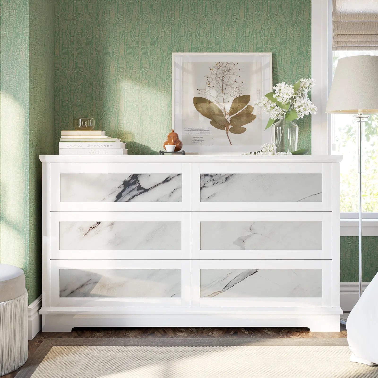 modern high gloss dresser White Dresser for Bedroom with 7 Drawers, Modern High Gloss Large Dresser with 7 Handle Free Drawers, 55 Inch Wooden Long Dresser, Storage Chest of