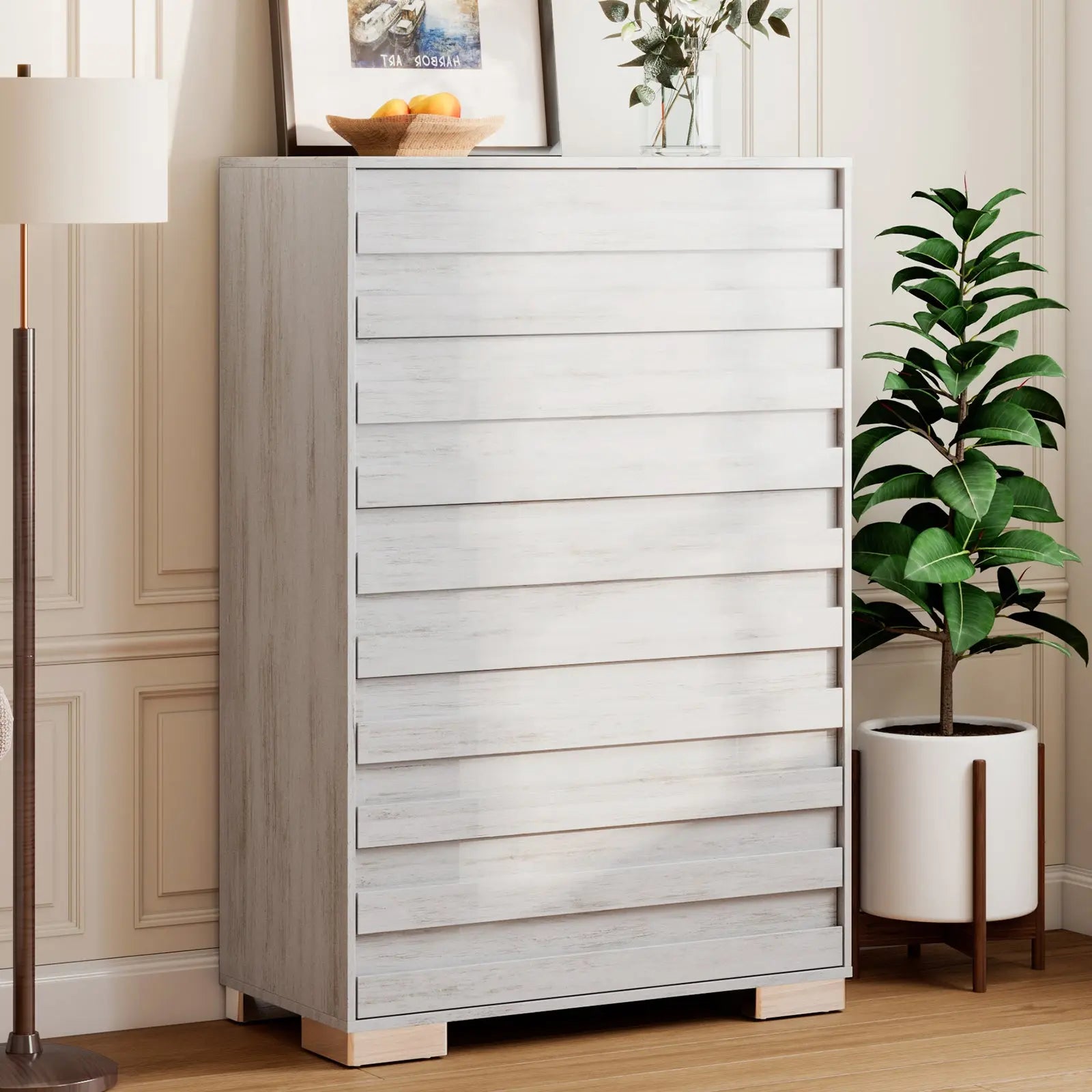 5 dresser drawer white Amerlife Huckleberry 5-Drawers Dresser Farmhouse Pre Installed Slide Bedroom Storage Cabinet Distressed White
