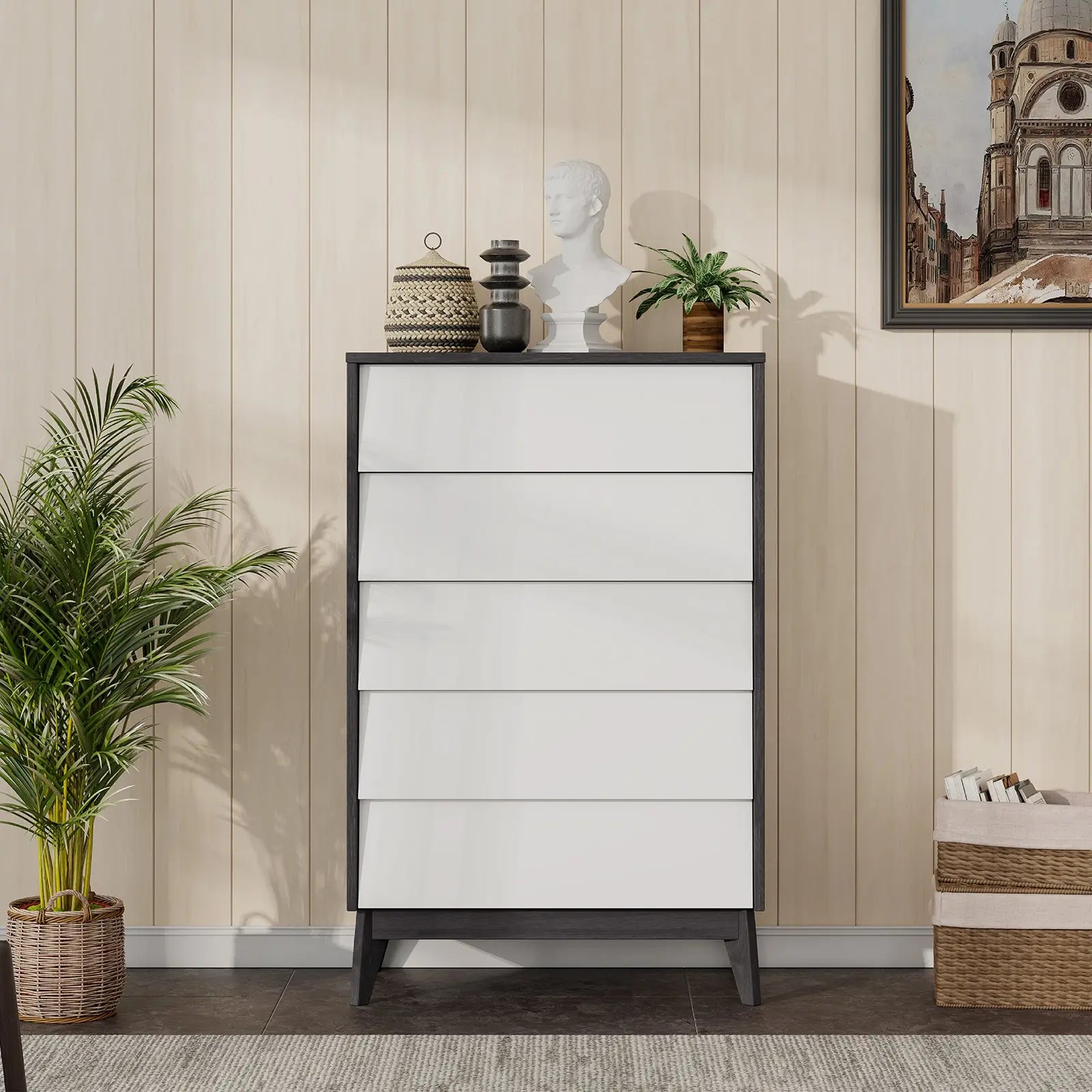 AMERLIFE Linton 5 Drawers Dresser for Bedroom, Modern Tall Dresser Chest of Drawers Handle Free, Storage Organizer Dresser, Wood Dresser for Bedroom, AMERLIFE Linton 5 Drawers Dresser for Bedroom, Modern Tall Dresser Chest of Drawers Handle Free, Storage Organizer Dresser, Wood Dresser for Bedroom,