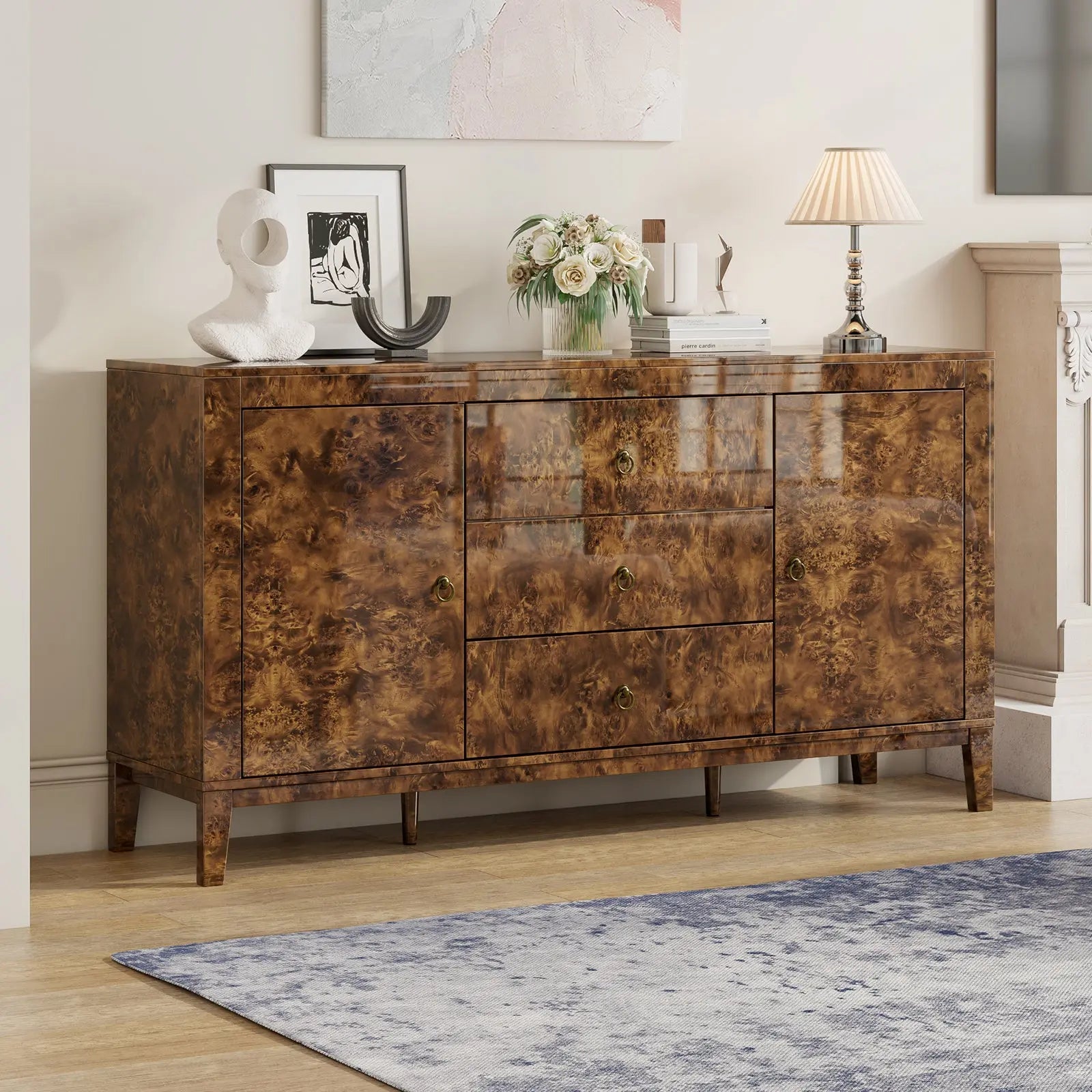 Amerlife Orlando 60'' High Gloss Buffet Large Heavy Wood Retro Handle Sideboard Cabinet, Dark Brown