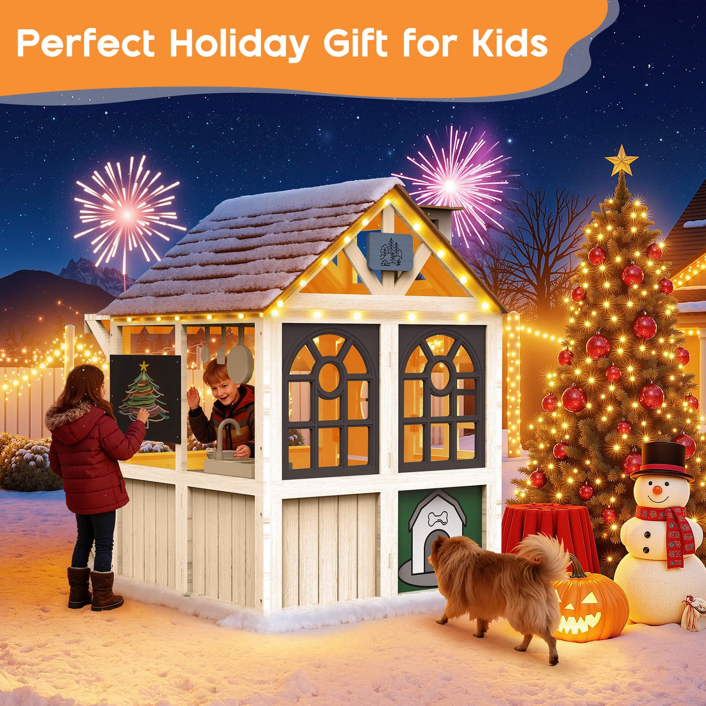 Albott Kids Outdoor Wooden Playhouse - White