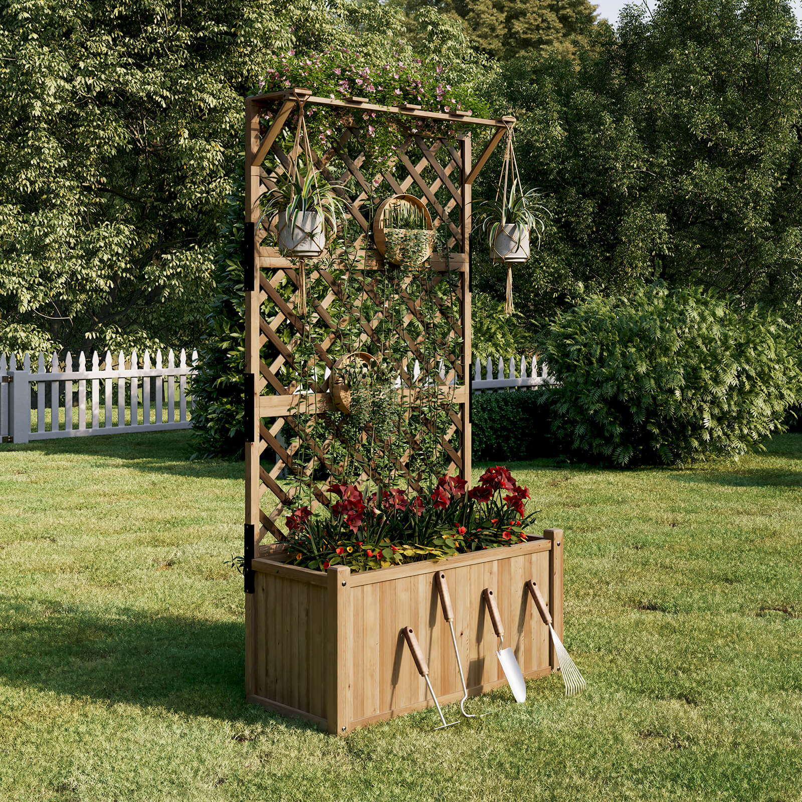 planter with trellis Amerlife Magnolia Raised Bed Outdoor Wooden iamond Lattice Deep Large Planter Box Garden Trellis Single / Wood