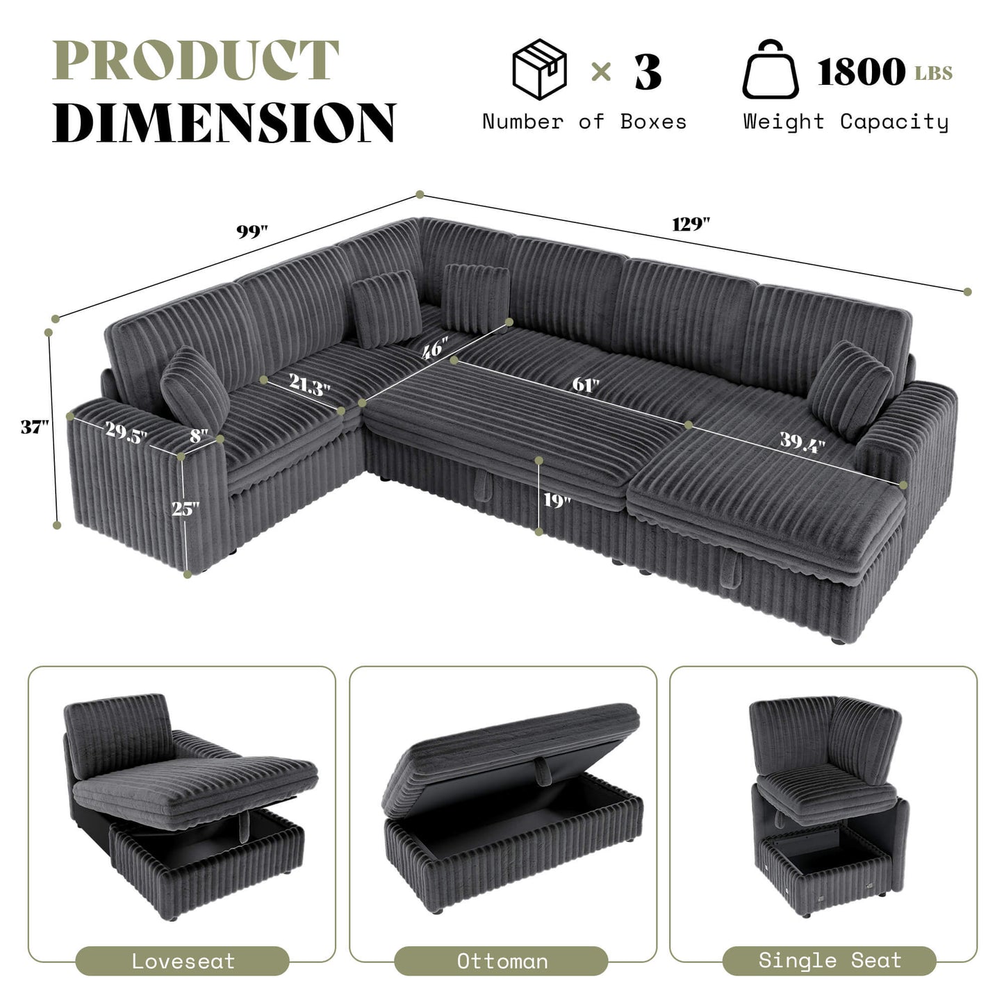 Storavia Cloud Modular Sleeper Sectional Sofa - Grey