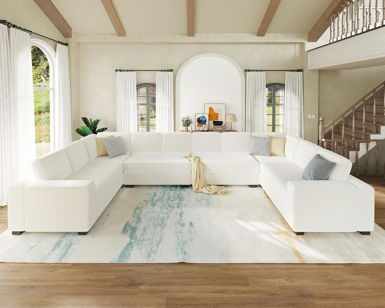 Amerlife Chunk U-Shaped Sofa Sectional Couch with Deep Seating White Corduroy