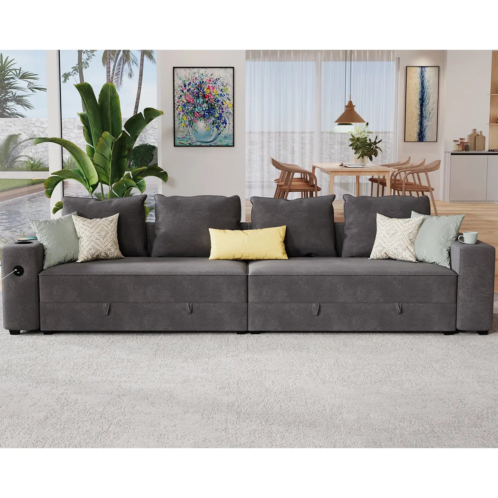Amerlife Sweep Sofa Comfort L Shaped Couch With Storage 2 USB Ports & Cup Holders 4-Seater Modular Sectional Sofa