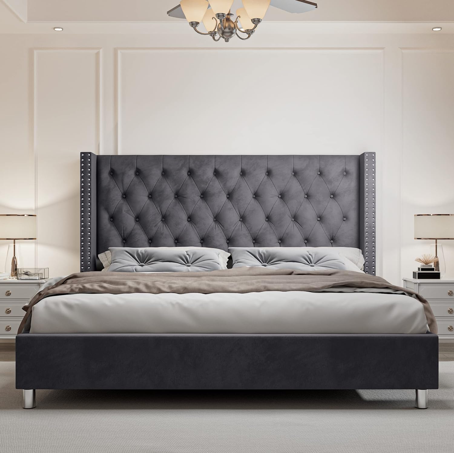  AMERLIFE King Size Platform Bed Frame, Velvet