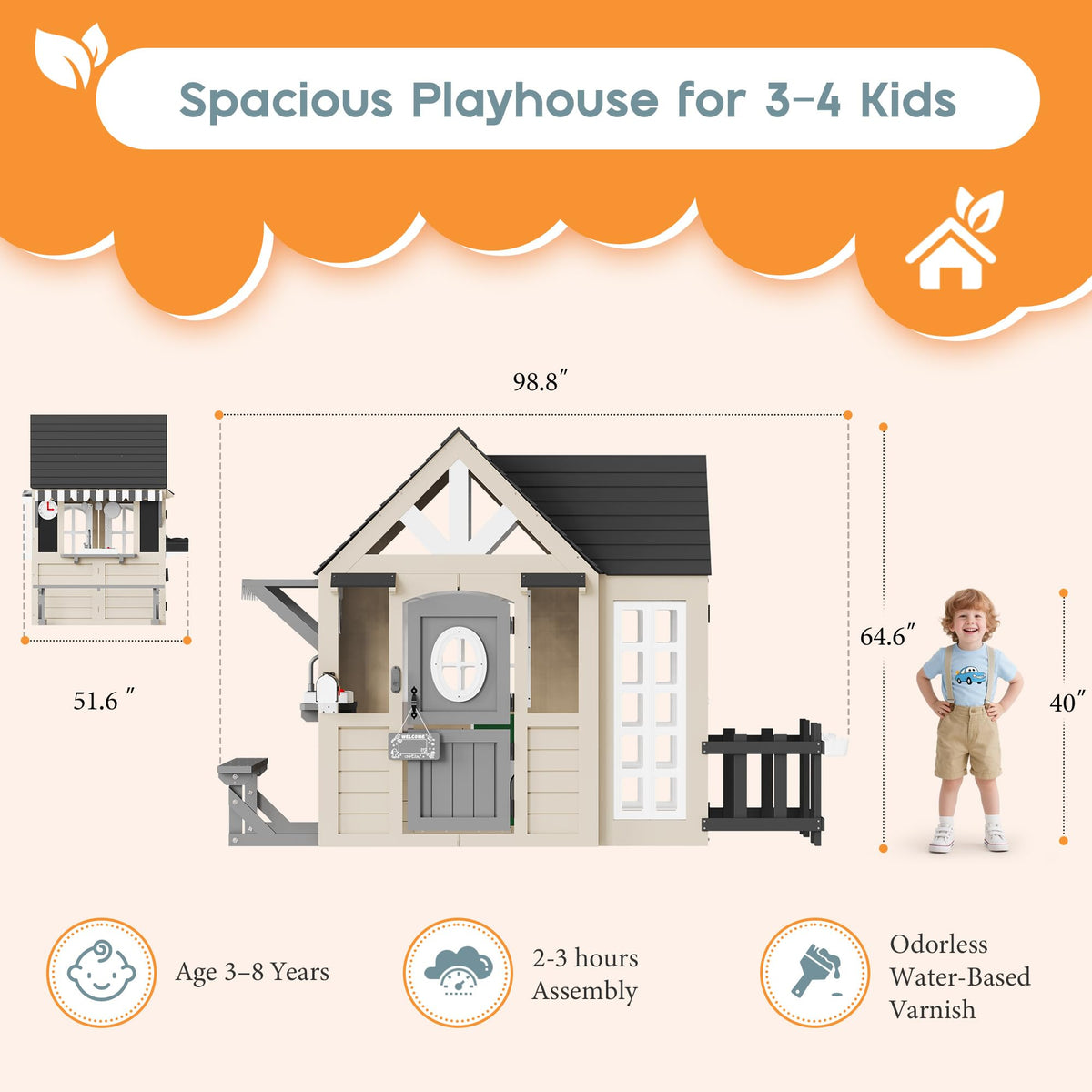 Wooden Outdoor Playhouse for Kids with Kitchen-Beige-98.8" L x 51.6" W x 64.6" H