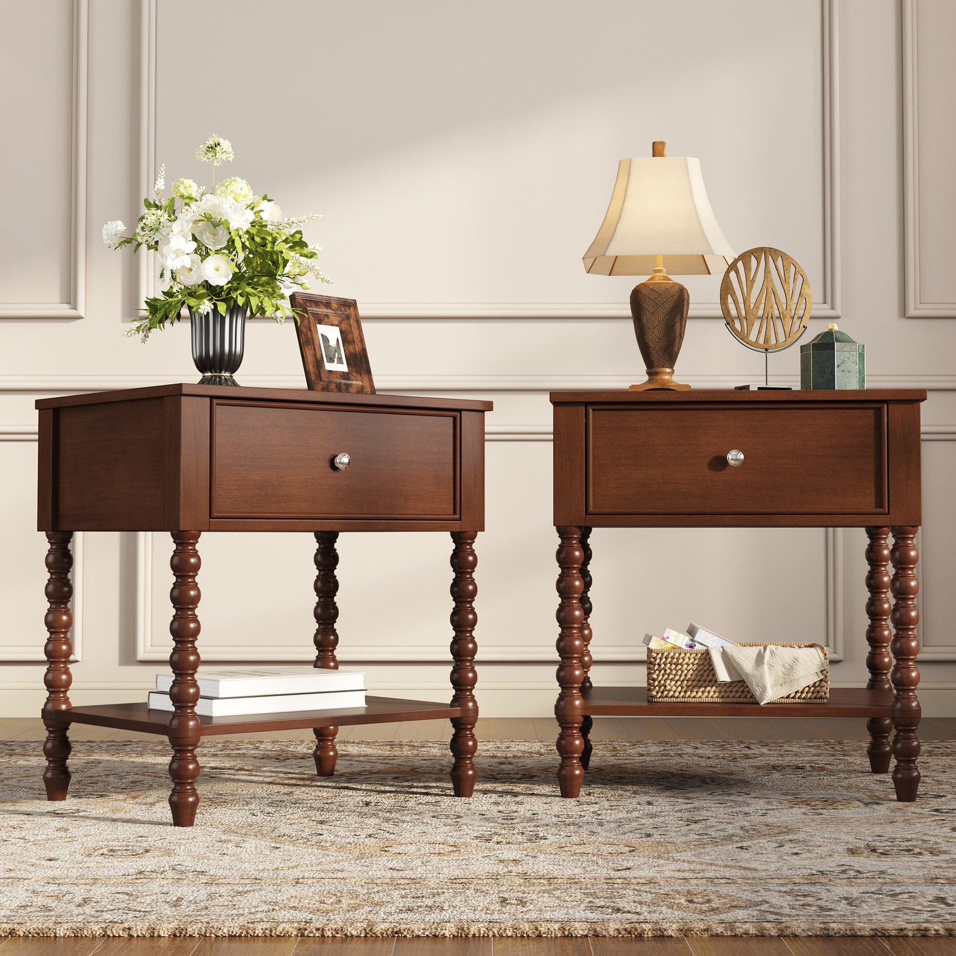 Spindle Solid Wood Nightstand  Dark Walnut / 2PC