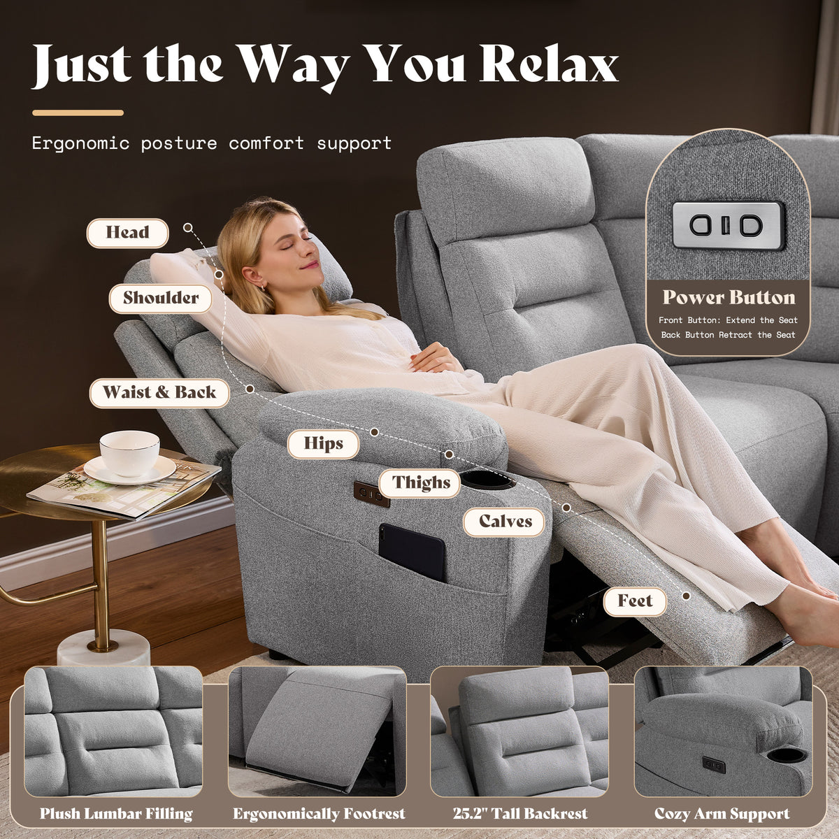 L-Shaped Power Reclining Sectional Sofa with Console-3-Seat with Flip Console-Light Grey