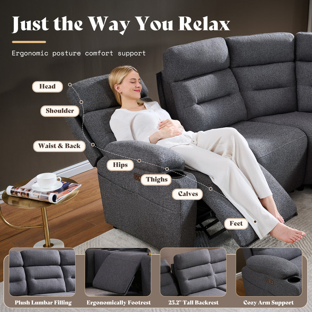 L-Shaped Power Reclining Sectional Sofa with Console-3-Seat with Flip Console-Dark Grey