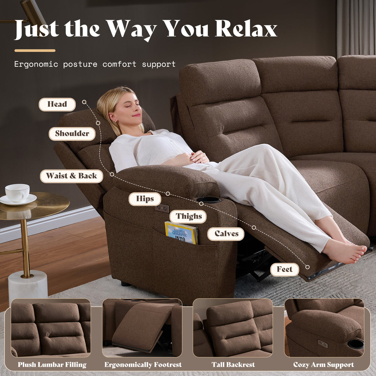 L-Shaped Power Reclining Sectional Sofa with Console-3-Seat with Flip Console-Brown