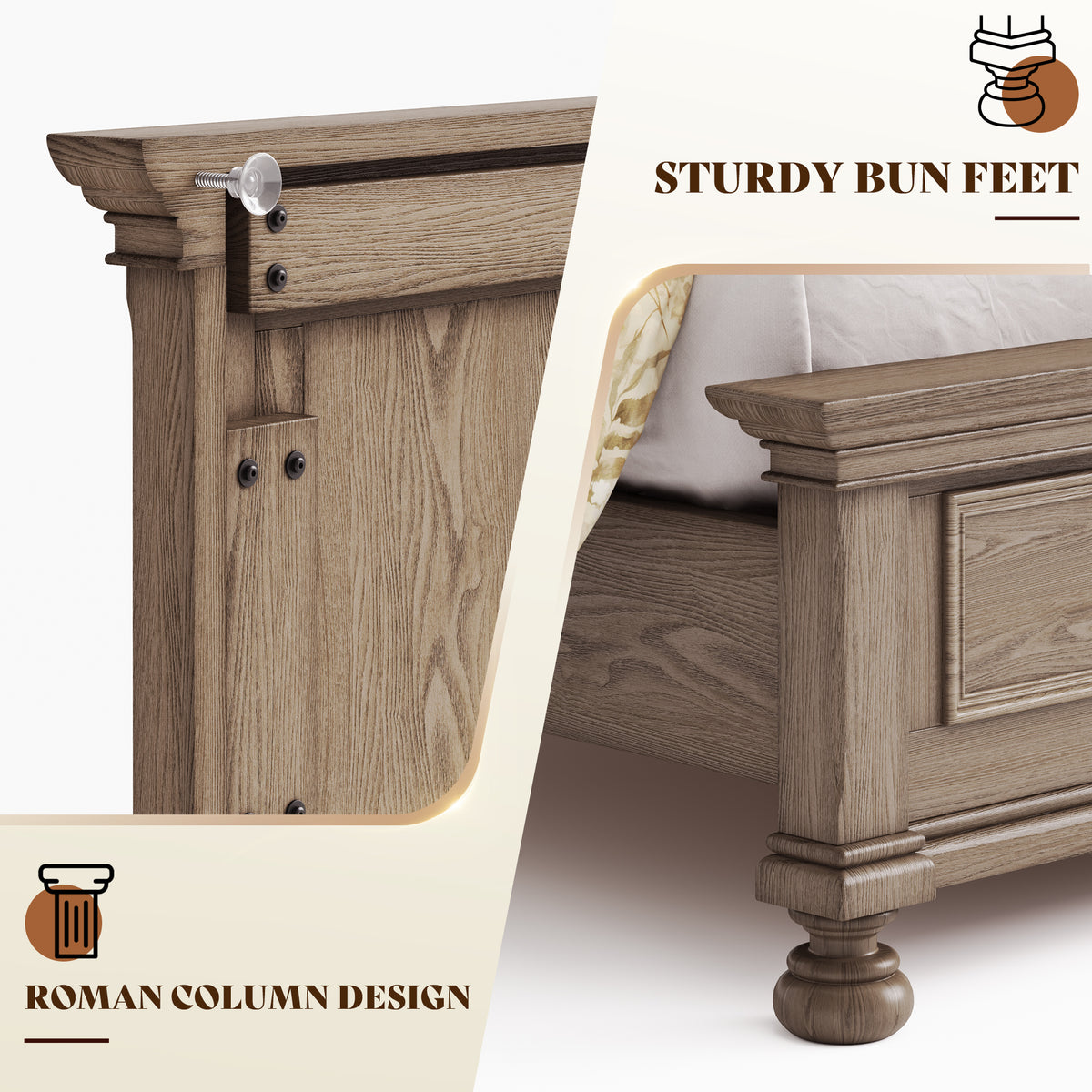 Bobbin Solid Wood Platform Bed-Taupe Gray-Queen
