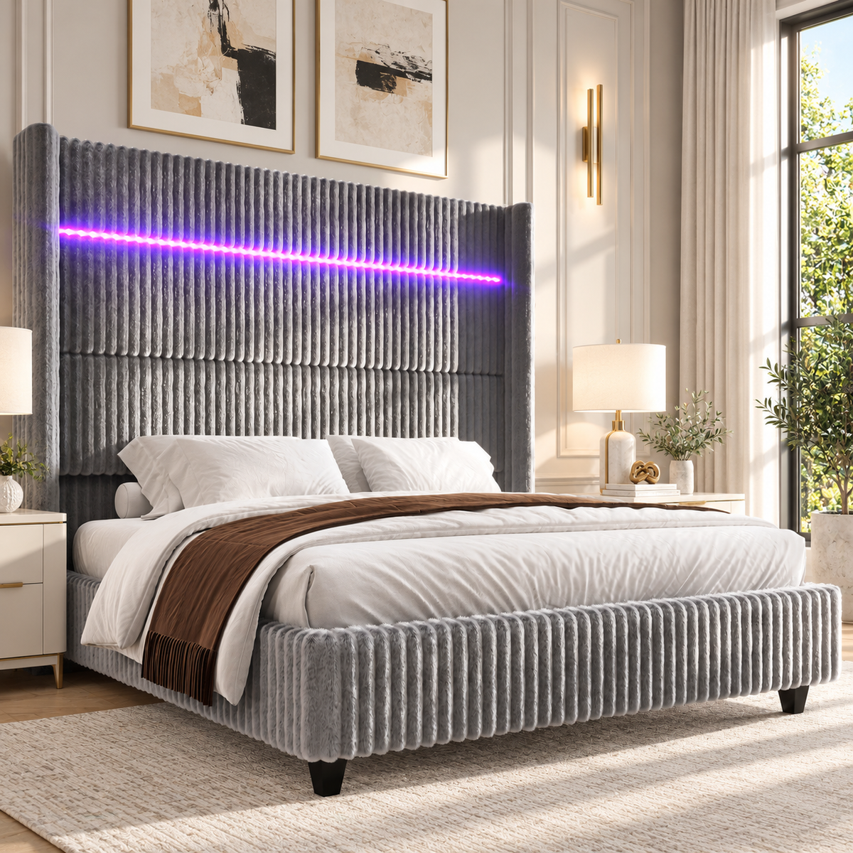 Warren Upholstered Bed Frame with LED Lights-King-Grey