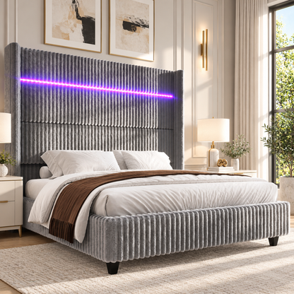 Warren Upholstered Bed Frame with LED Lights-King-Grey