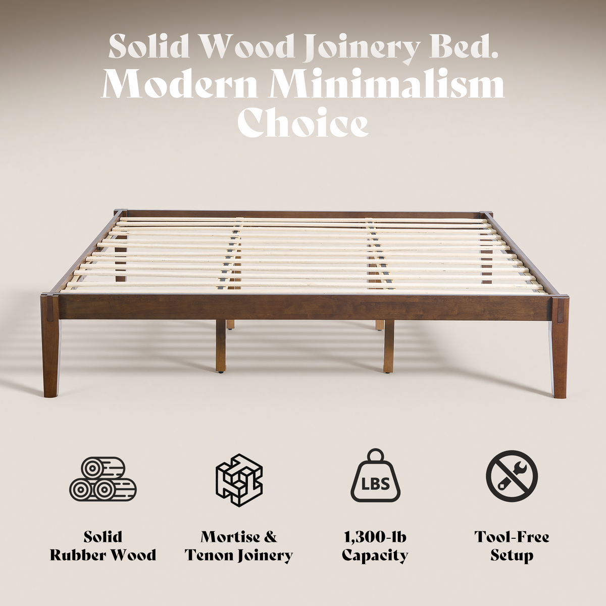 Quill Japanese Joinery Solid Wood Platform Bed Frame-Queen-Dark Walnut