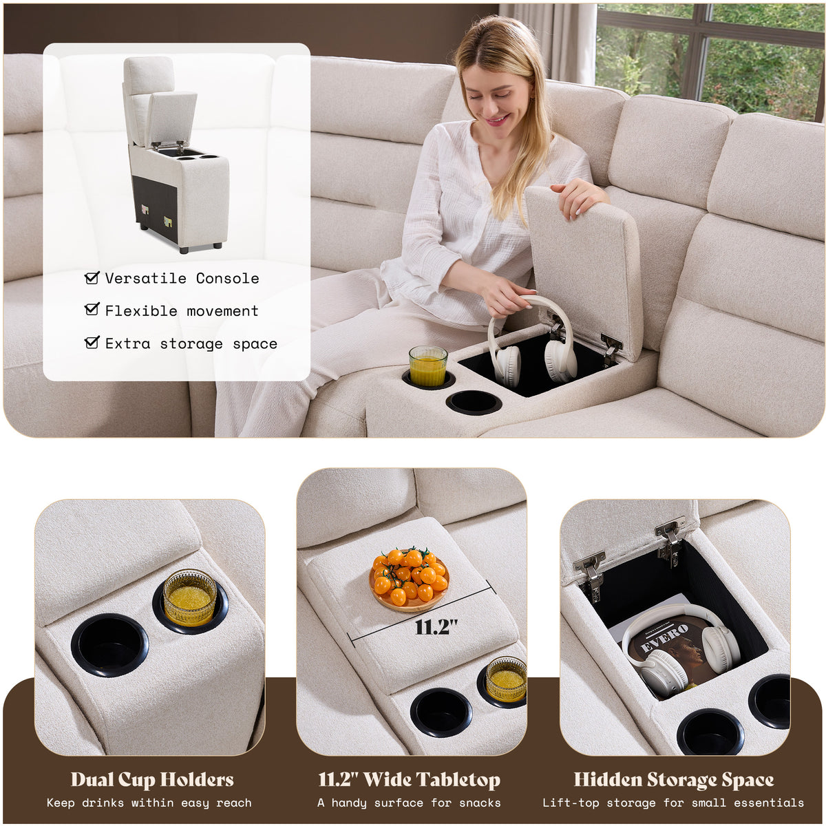 L-Shaped Power Reclining Sectional Sofa with Console-Loveseat with Console-Beige