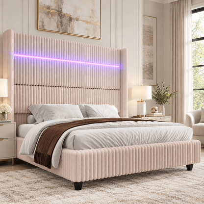 Warren Upholstered Bed Frame with LED Lights-King-Beige