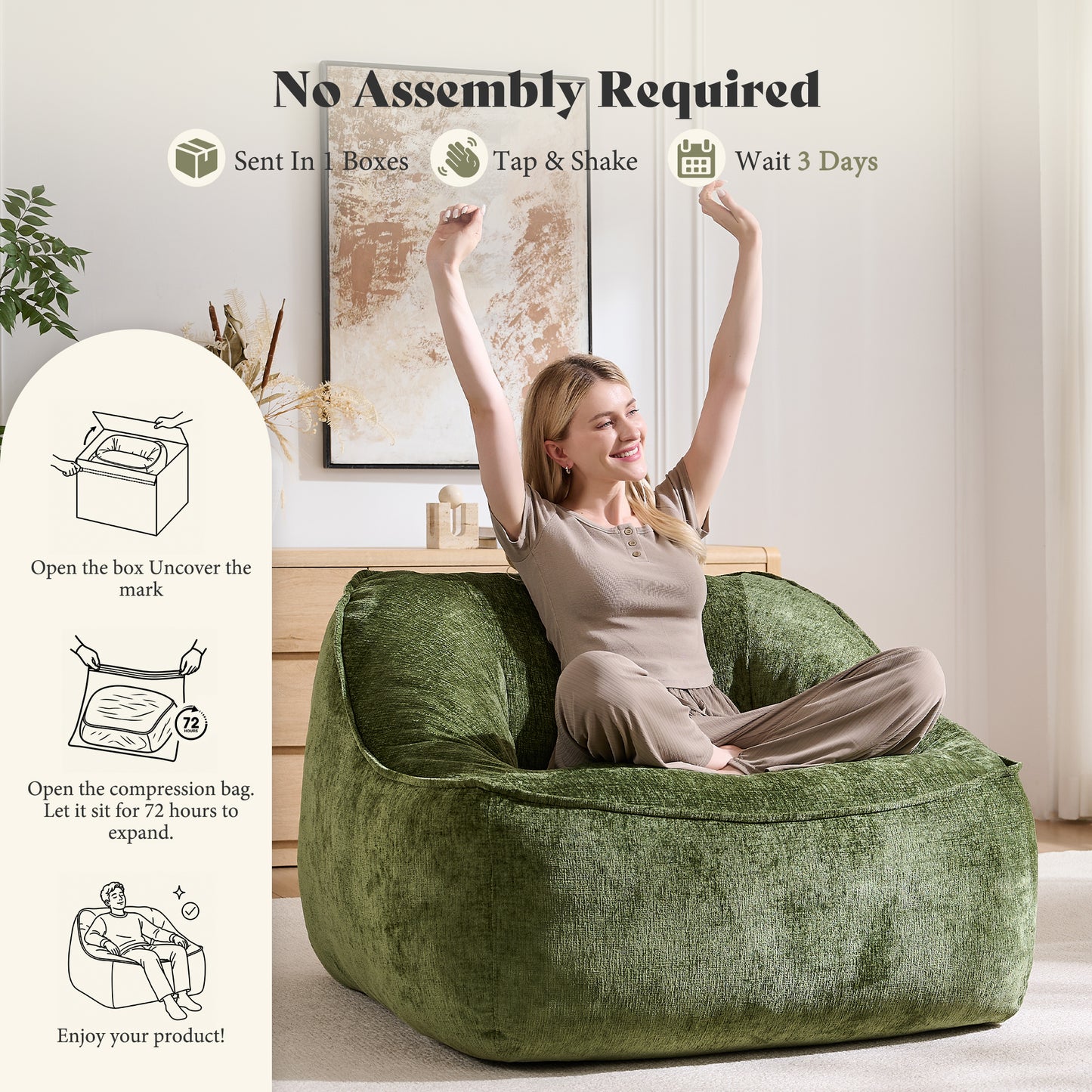 Amerlife Oversized Bean Bag Lounge Chair-Green Chenille