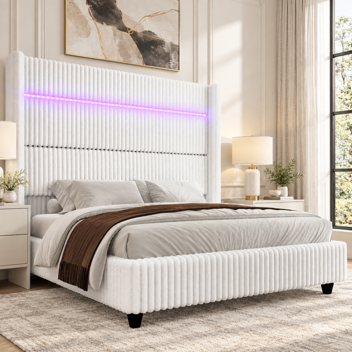Warren Upholstered Bed Frame with LED Lights-California King-White