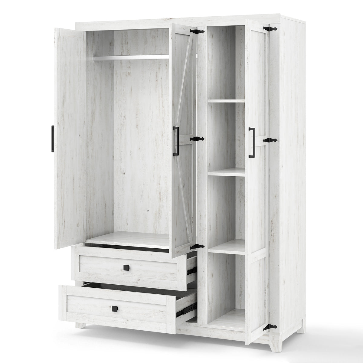 Barn 3 Door Farmhouse Wardrobe Closet-Distressed White