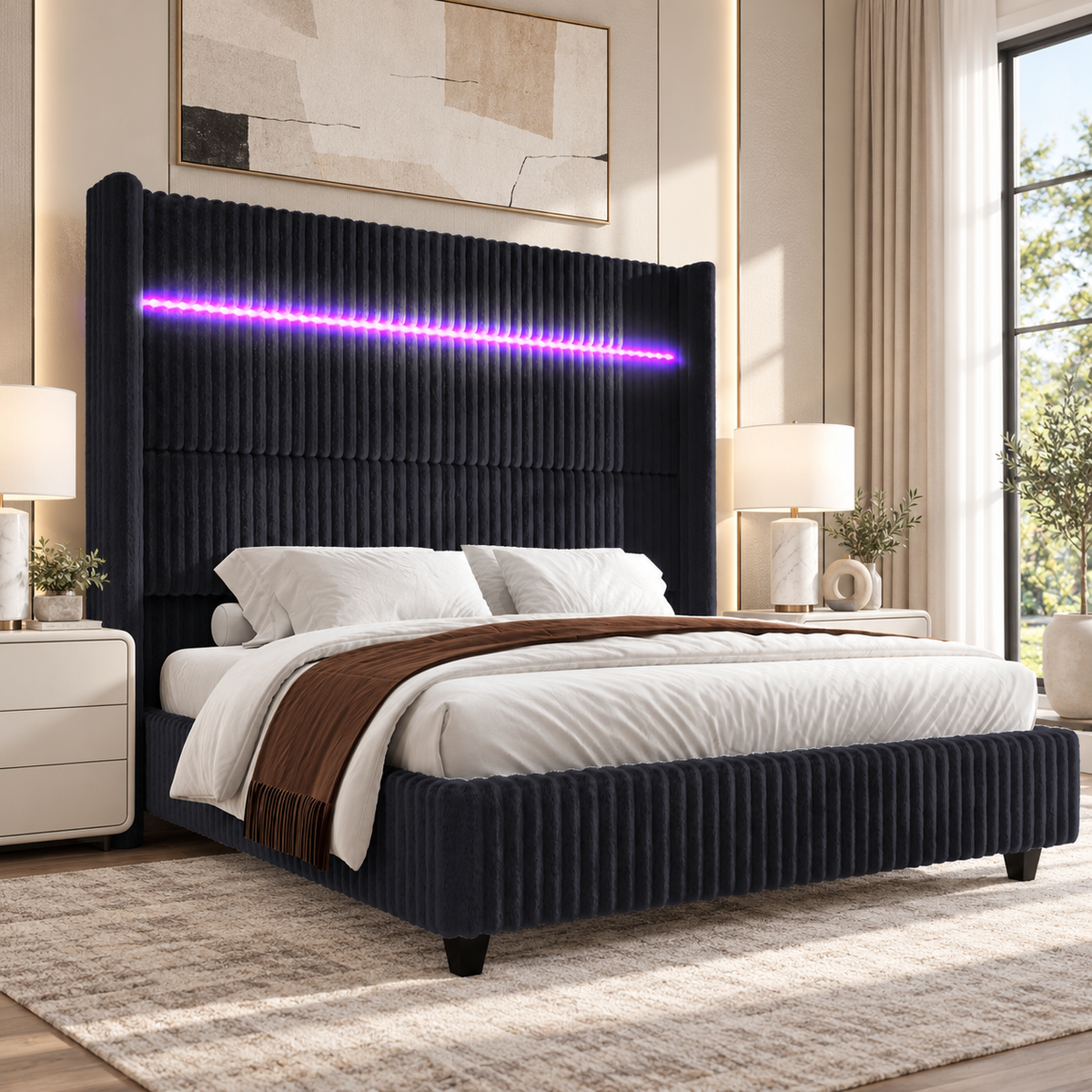 Warren Upholstered Bed Frame with LED Lights-California King-Black