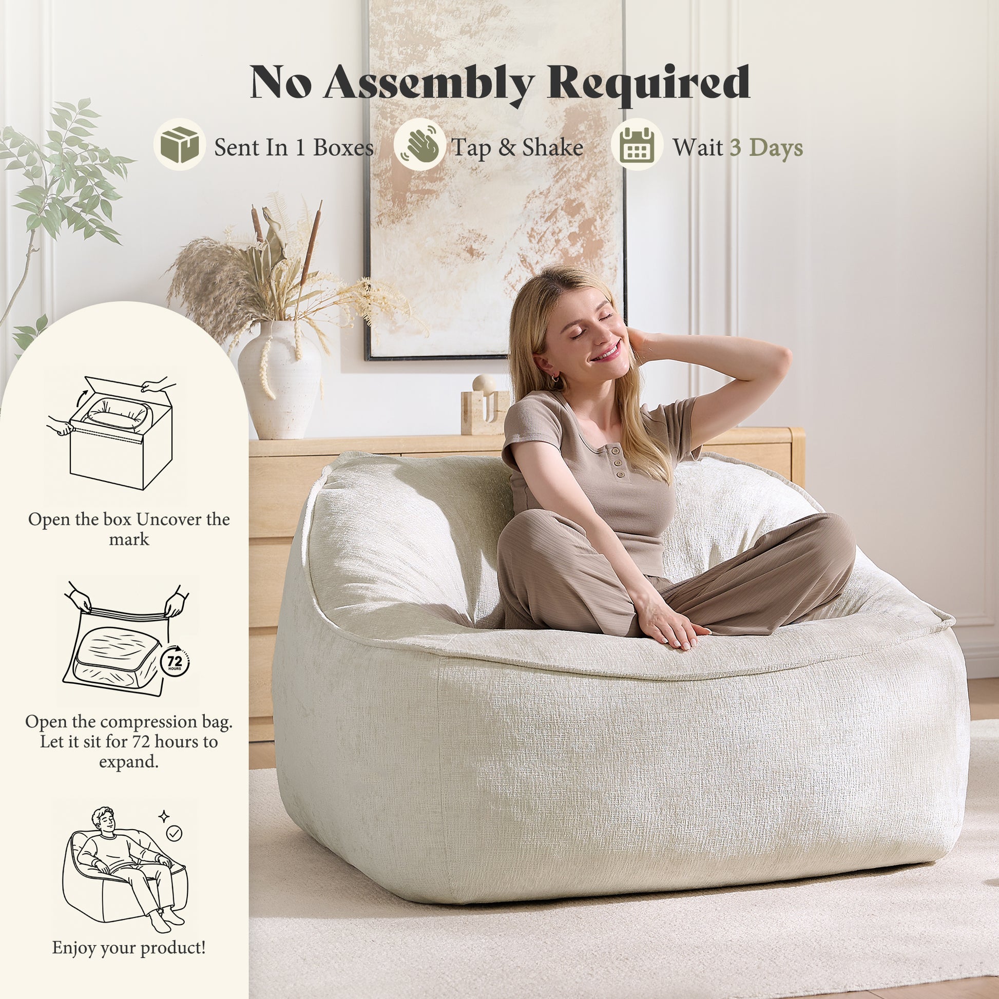 Amerlife Oversized Bean Bag Lounge Chair-Cream Chenille