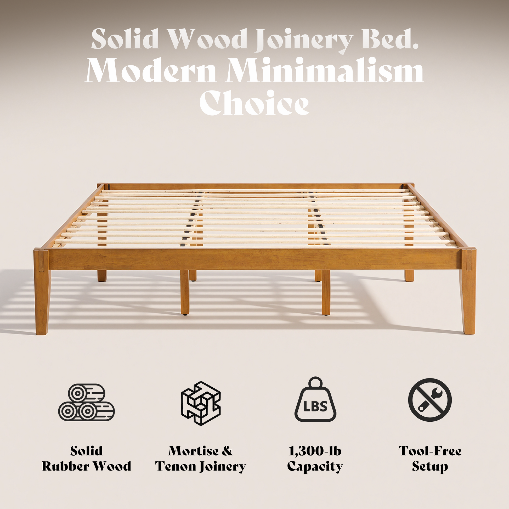 Quill Japanese Joinery Solid Wood Platform Bed Frame-Full-Honey Brown