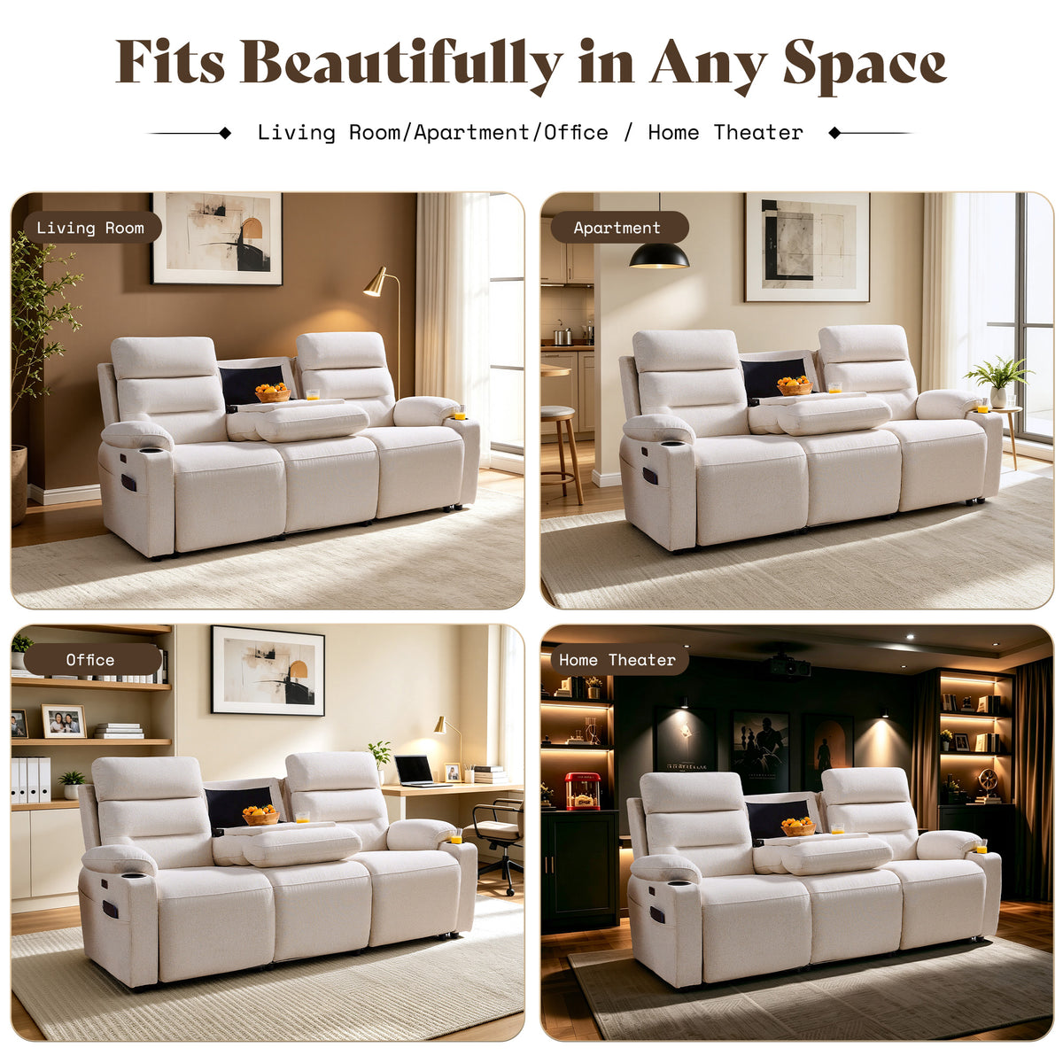 L-Shaped Power Reclining Sectional Sofa with Console-3-Seat with Flip Console-Beige