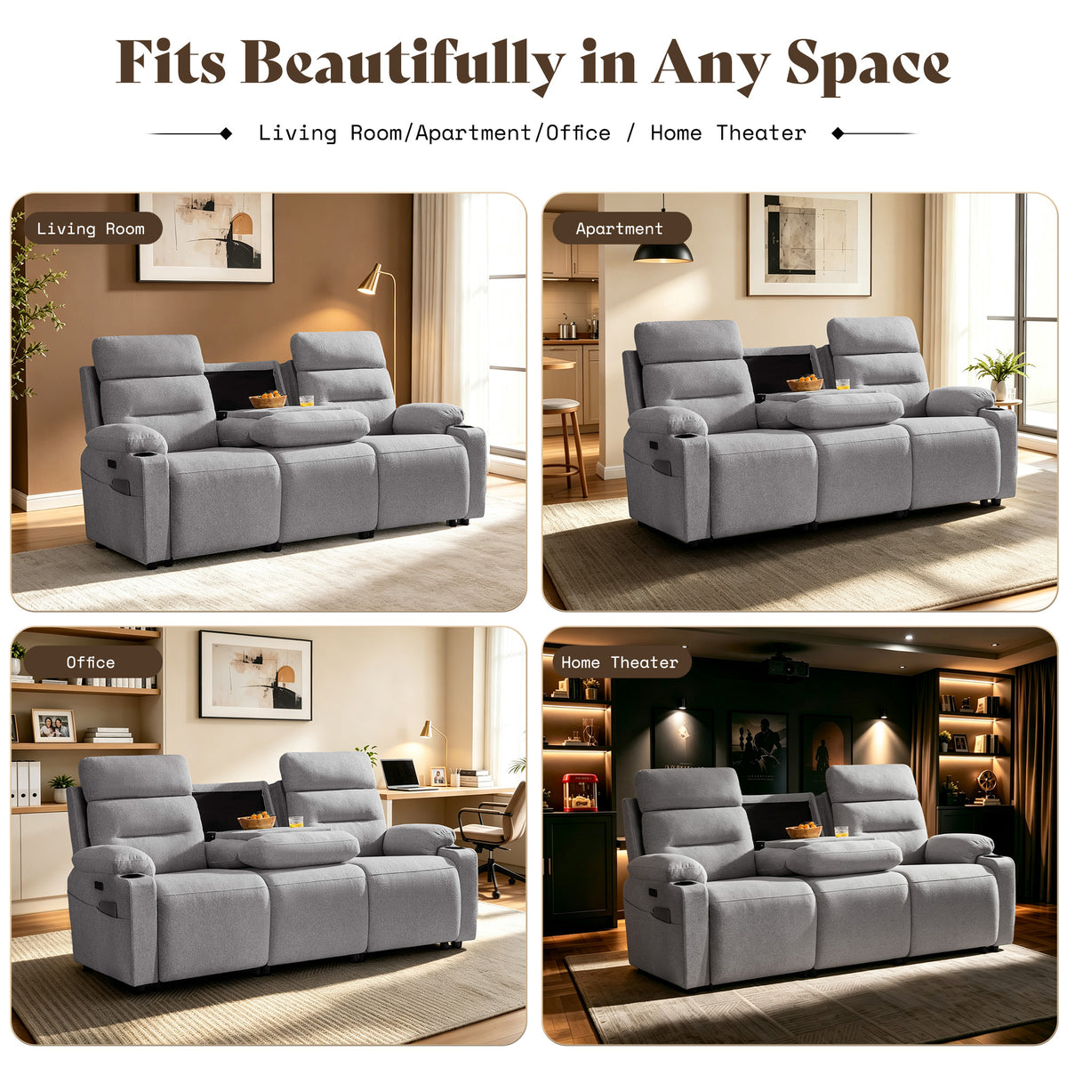 L-Shaped Power Reclining Sectional Sofa with Console-3-Seat with Flip Console-Light Grey